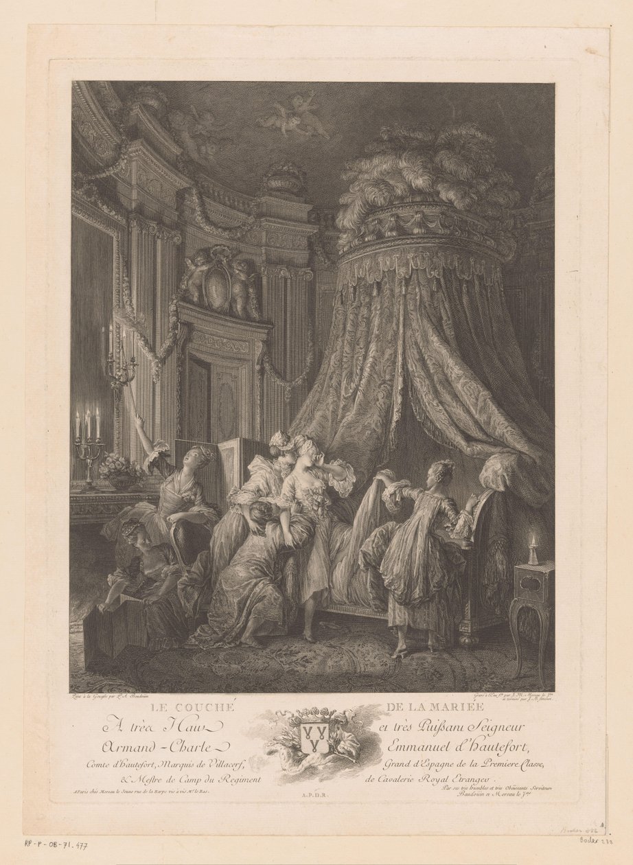 Fiatal nő felemelte az ágyába Le Coucher de la Mariee (cím a tárgyon) alkotó: Jean Michel Moreau