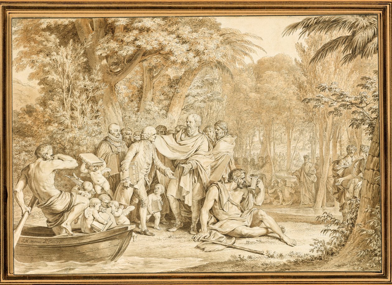 Jean-Jacques Rousseau érkezése a Champs-Élysées-re alkotó: Jean Michel Moreau