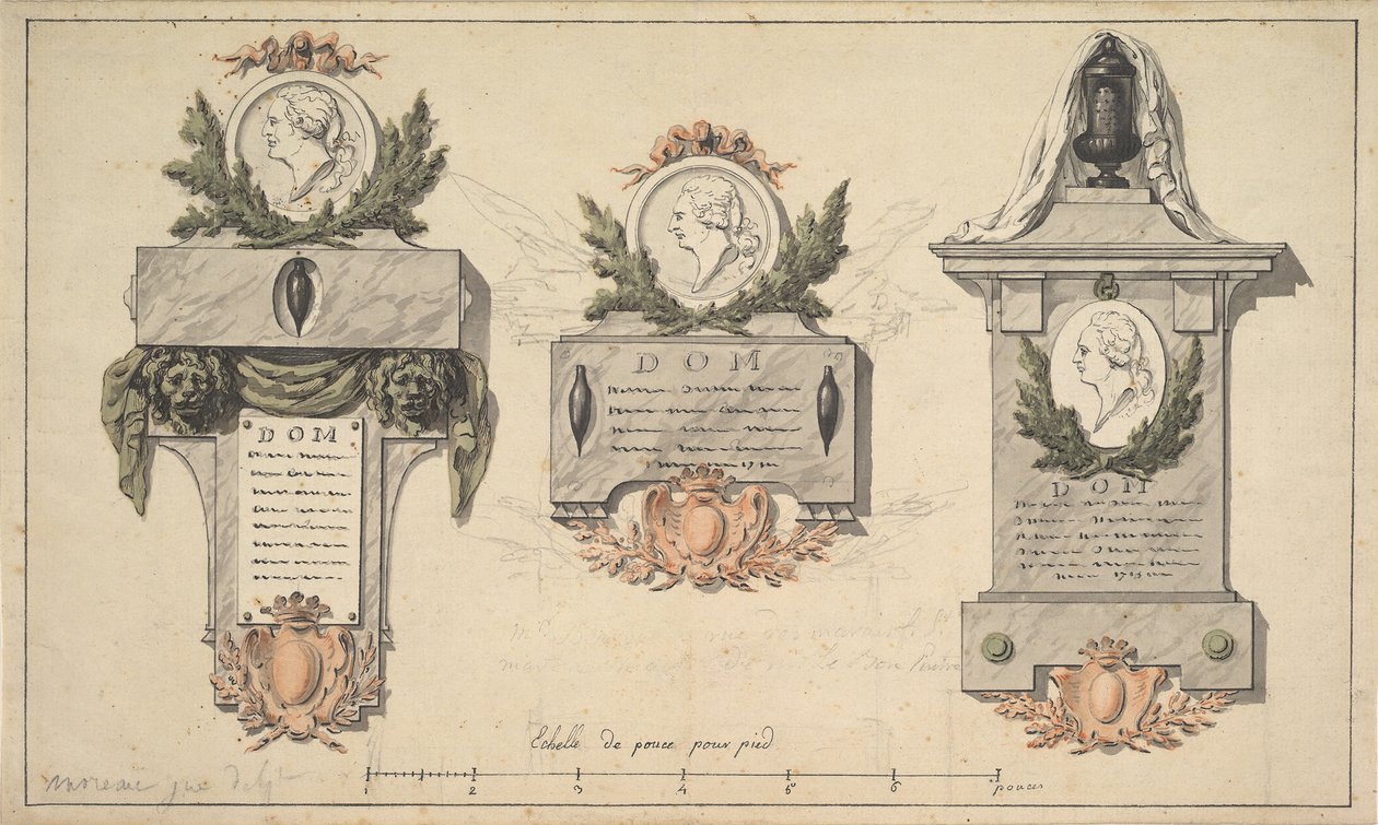 Három terv temetési emlékműhöz vagy sírfelirathoz, kb. 1770-90. alkotó: Jean Michel Moreau