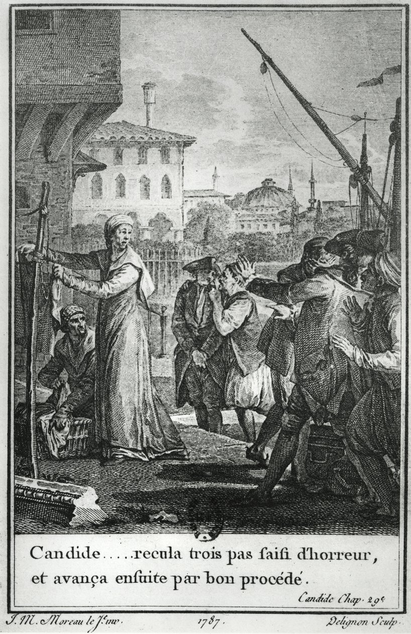 Candide… rémülten hátrált három lépést, majd jó eljárással előrehaladt, Francois Voltaire (1694-1778) Candide című művének 29. fejezetének illusztrációja, amelyet Jean Louis Delignon (1755-1804) vésett 1787 alkotó: Jean Michel the Younger Moreau