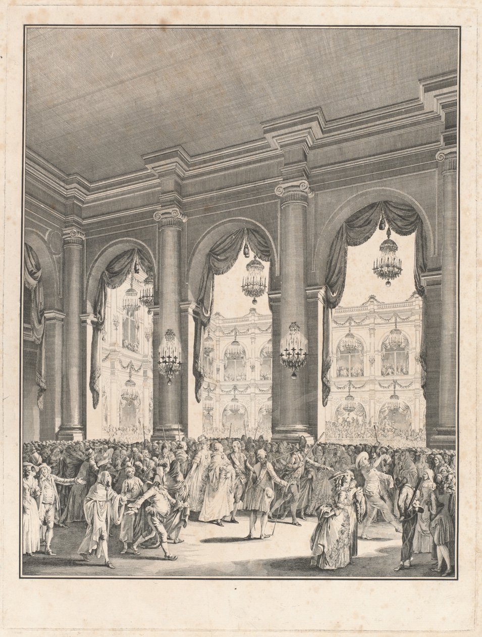 Az álarcos bál – Monsignor, Dauphin születése alkalmából rendezett mulatság, 1782. január 23. alkotó: Jean Michel Moreau the Younger