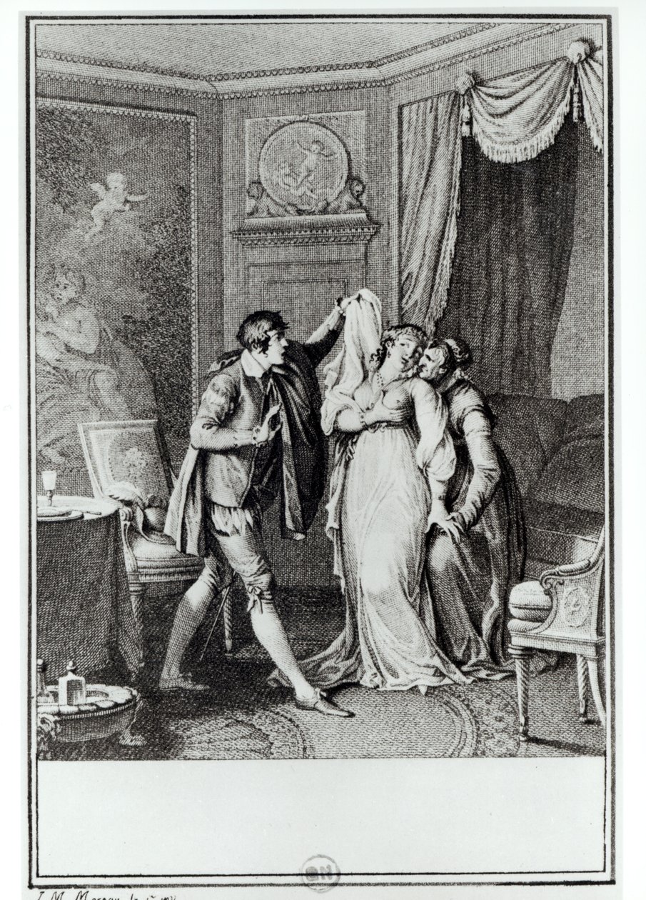 „Vedd le a fátylat” – mondta az öregasszony Candide-nak – illusztráció Francois Voltaire (1694-1778) „Candide” című művének 7. fejezetéből, 1787 (metszet) (bw fotó) alkotó: Jean Michel the Younger Moreau
