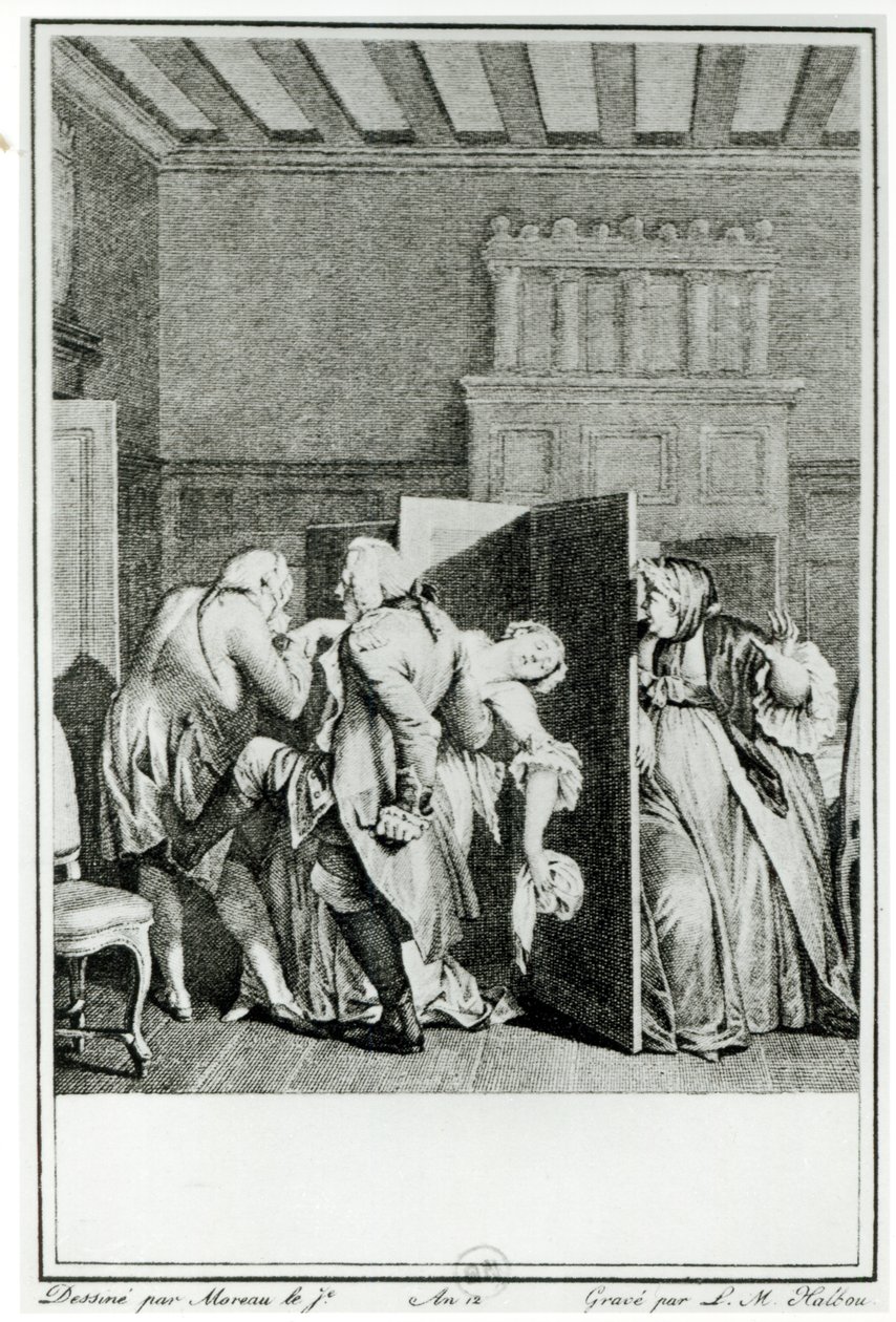 A báró... néhány figyelemre méltó rúgással üdvözölte Candide-ot, és kiűzte az ajtóból. Illusztráció Francois Voltaire (1694-1778) Candide című könyvének 1. fejezetéből, Louis Michel Halbou metszetével ( alkotó: Jean Michel the Younger Moreau