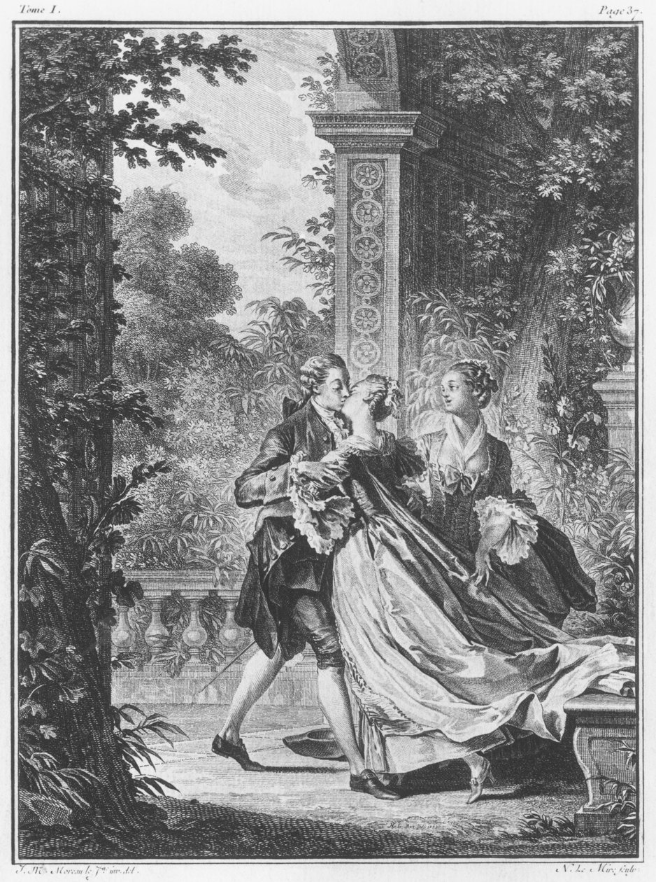 A szerelem első csókja, I. kötet, 37. oldal, illusztrációja Jean-Jacques Rousseau (1712-78) „La Nouvelle Heloise” című művéből, Noel Le Mire (1724-1800) metszetével alkotó: Jean Michel the Younger Moreau