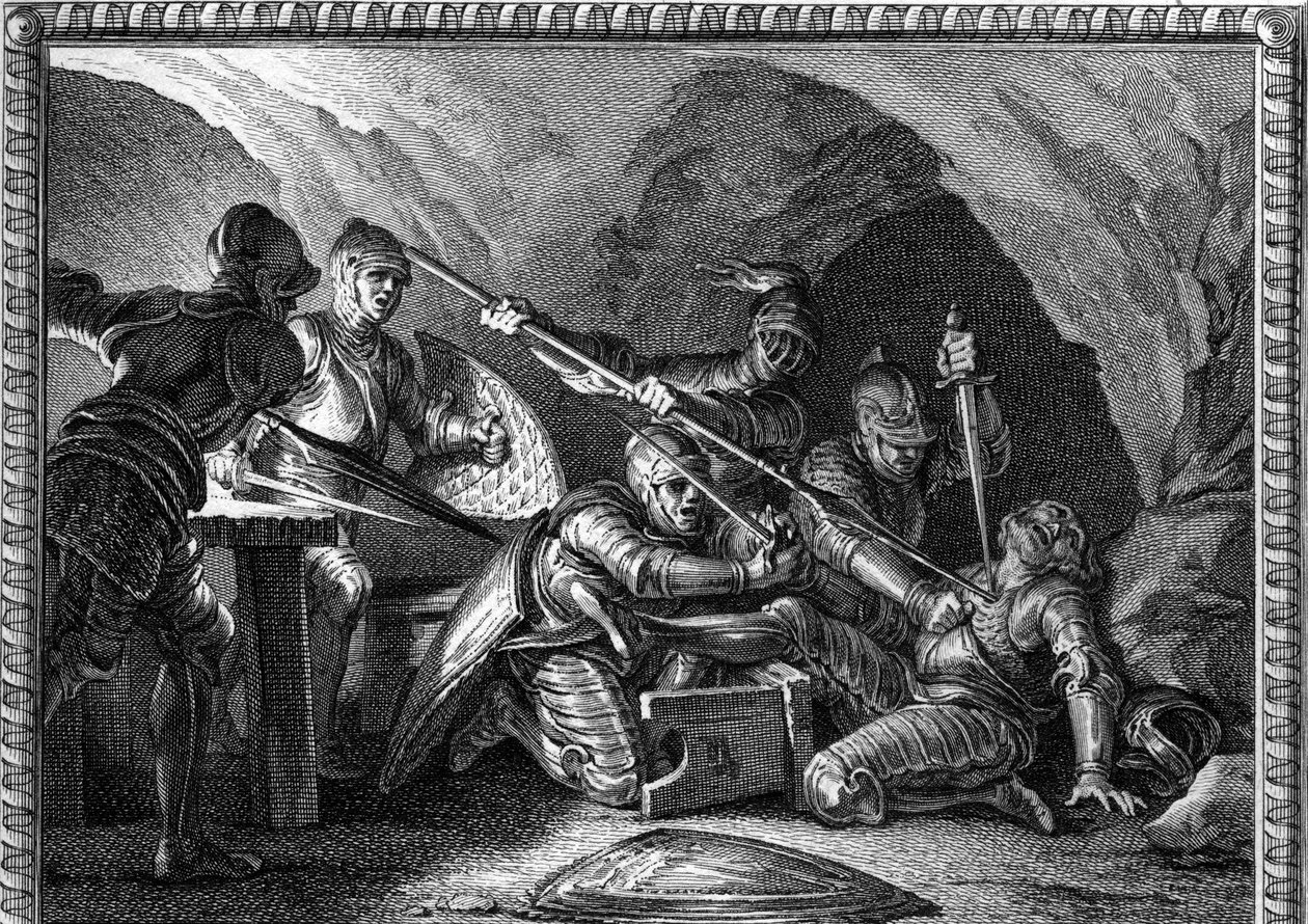 Waifre (vagy Gaifier), Aquitánia hercegének meggyilkolása (767 vagy 768). Romanet metszete Moreau le jeune (1779) nyomán. alkotó: Jean Michel the Younger (after) Moreau