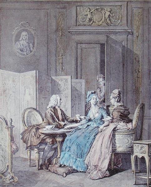 A terhességi nyilatkozat, 18. század 2. fele, Pietro Antonio Martini (1739-97) metszete (színes metszet) (lásd még 19554) alkotó: Jean Michel the Younger (after) Moreau