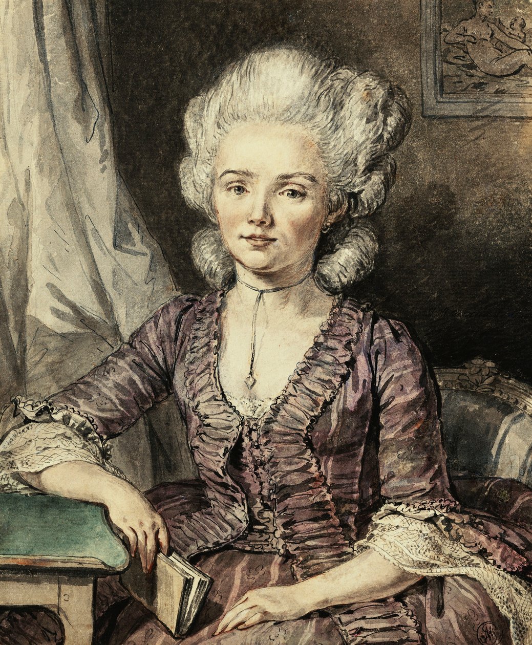 Egy fiatal hölgy egy asztal mellett ül egy könyvvel, 1785 alkotó: Jean Michel the Younger Moreau