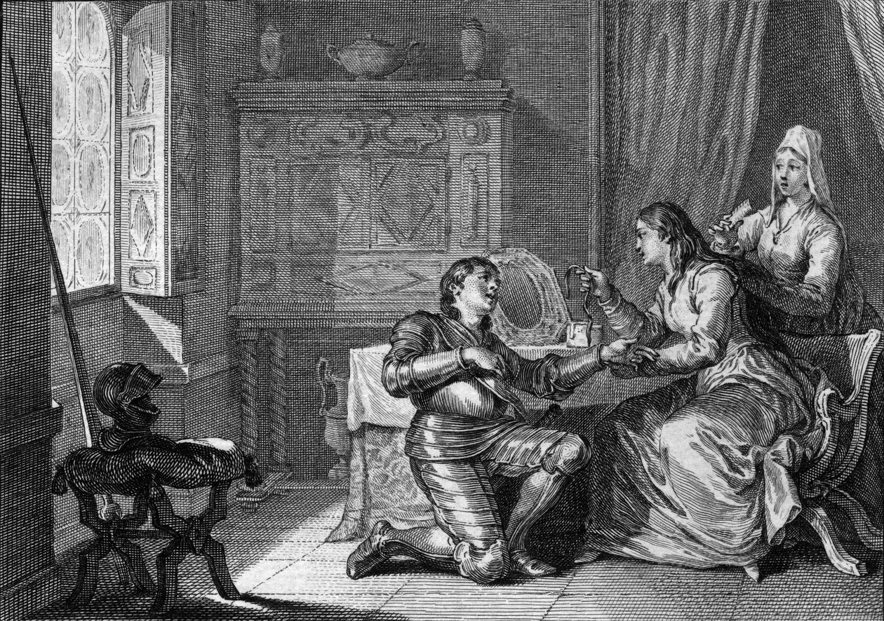 Egy nő a hajából készült szövet karkötőt ajánlja fel egy lovagnak szerelem zálogaként. 10-11. Jean Michel Moreau metszete, Moreau le Jeune (1741-1814) alkotó: Jean Michel the Younger Moreau