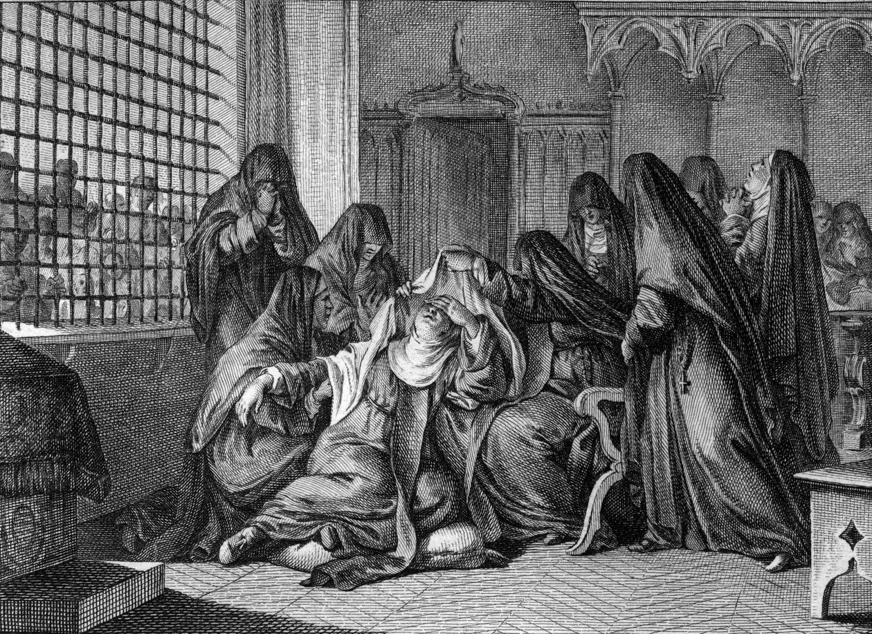 Abelard és Heloise: Heloise (1101-1164) lerántja a fátylat az argenteuili nők apátságánál. Jean Michel Moreau metszete, Moreau le Jeune (1741-1814) alkotó: Jean Michel the Younger Moreau