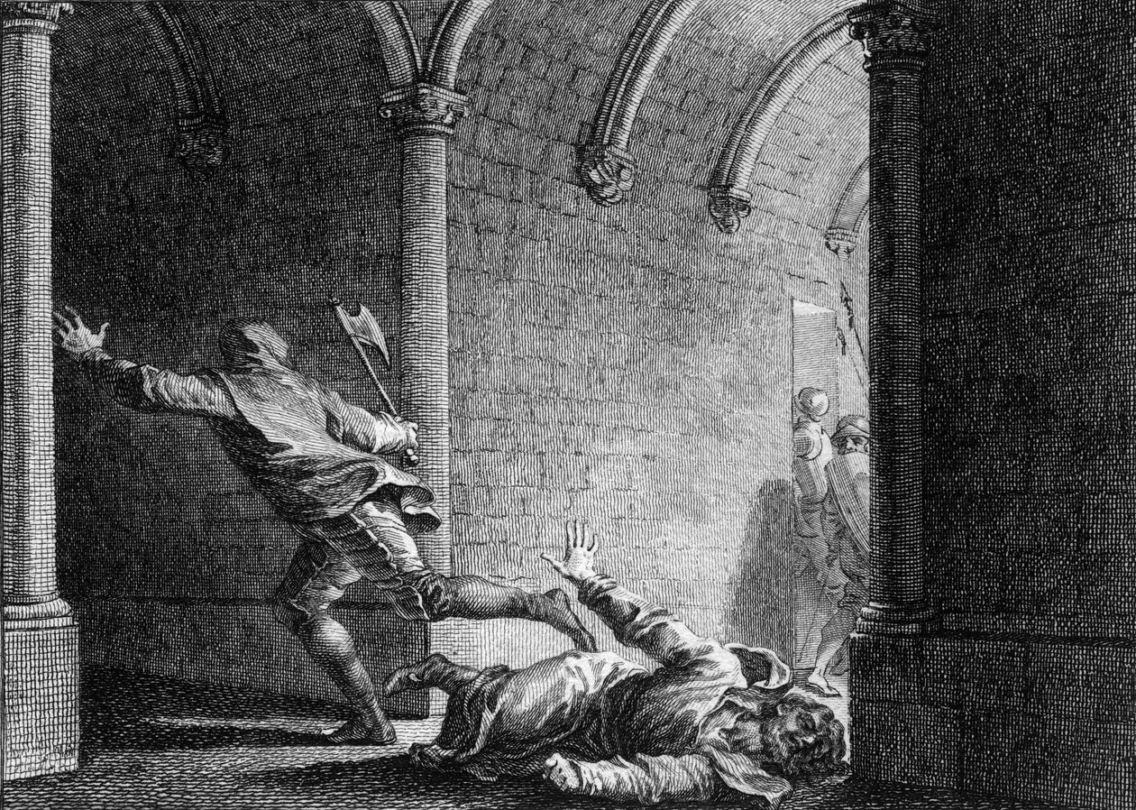 Ebroin, a neustriai palota polgármesterének meggyilkolása, 681: fejszével megölte Hermanfroi ura, akit elrabolt vagyonától. Jean Michel Moreau metszete, Moreau le Jeune (1741-1814) alkotó: Jean Michel the Younger Moreau