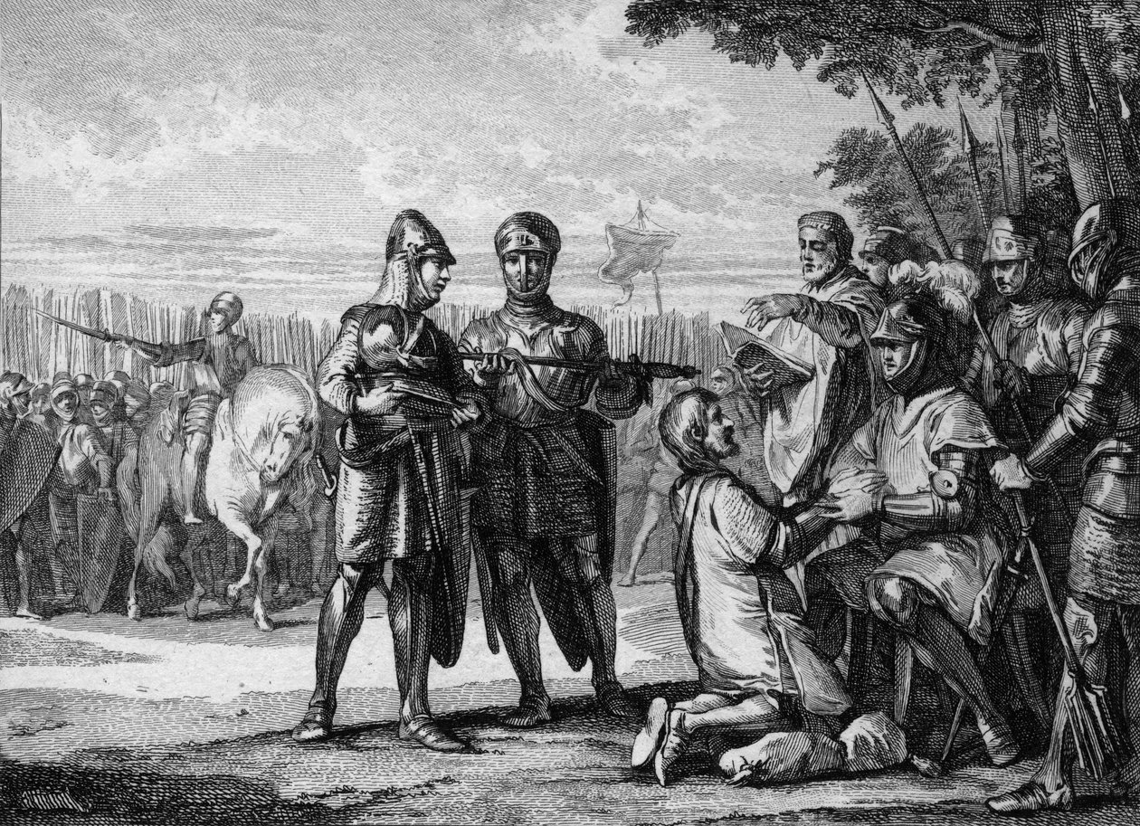 Tertri csata, 687: a Neustriai Armee győztese, Pepin the Jeune vagy Herstal (kb. 653-714), Ausztrália hercege elismeri III. Thierry (657-691) Neustria királyának hatalmát. Jean Michel Moreau metszete, dit Moreau le Jeune (1741-181 alkotó: Jean Michel the Younger Moreau