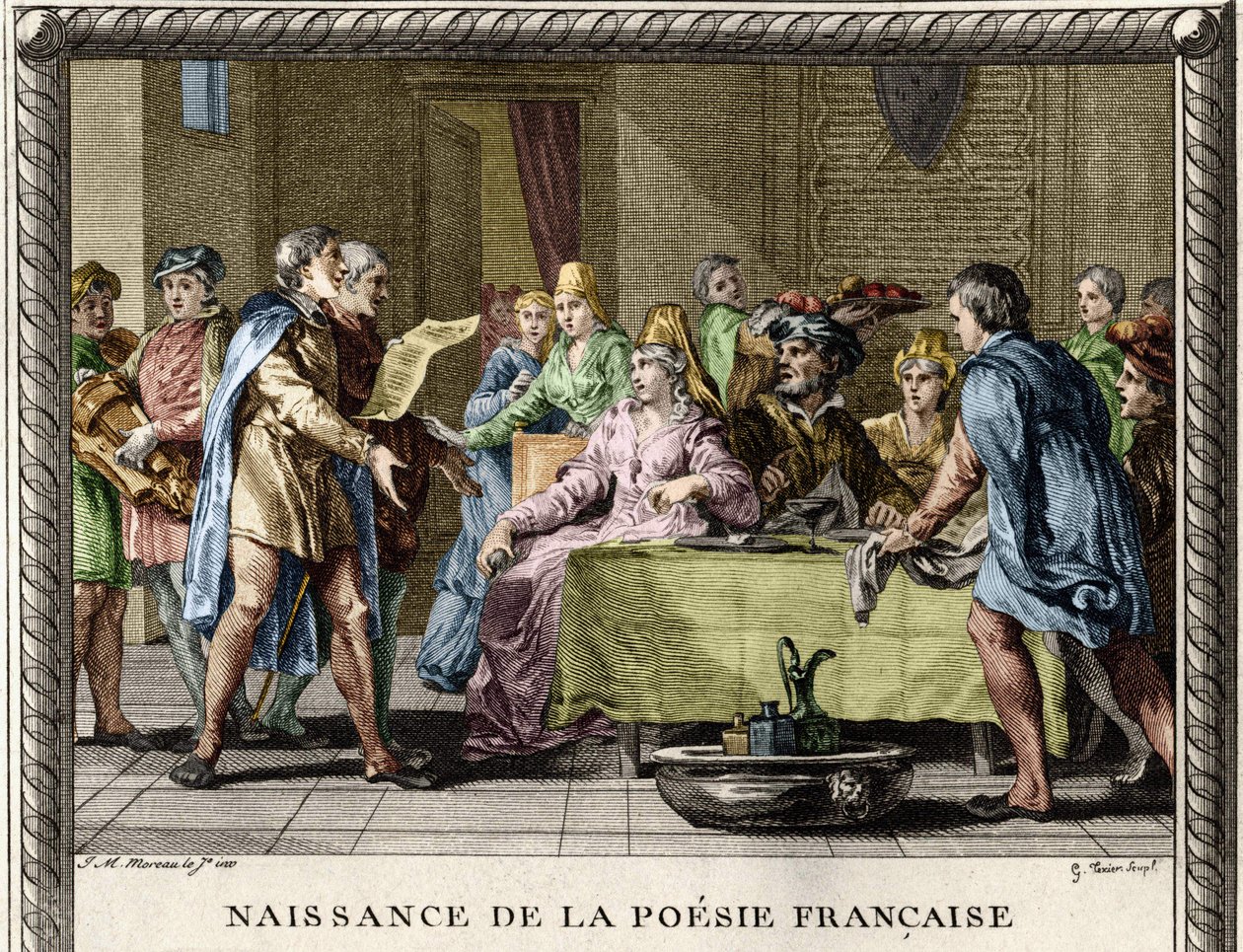 A francia költészet születése: A trubadúrok, majd a zsonglőrök és a ménetierek mondják el az első verseket franciául a XII. századi nemesek ünnepei során. Moreau le Jeune metszete alkotó: Jean Michel the Younger Moreau