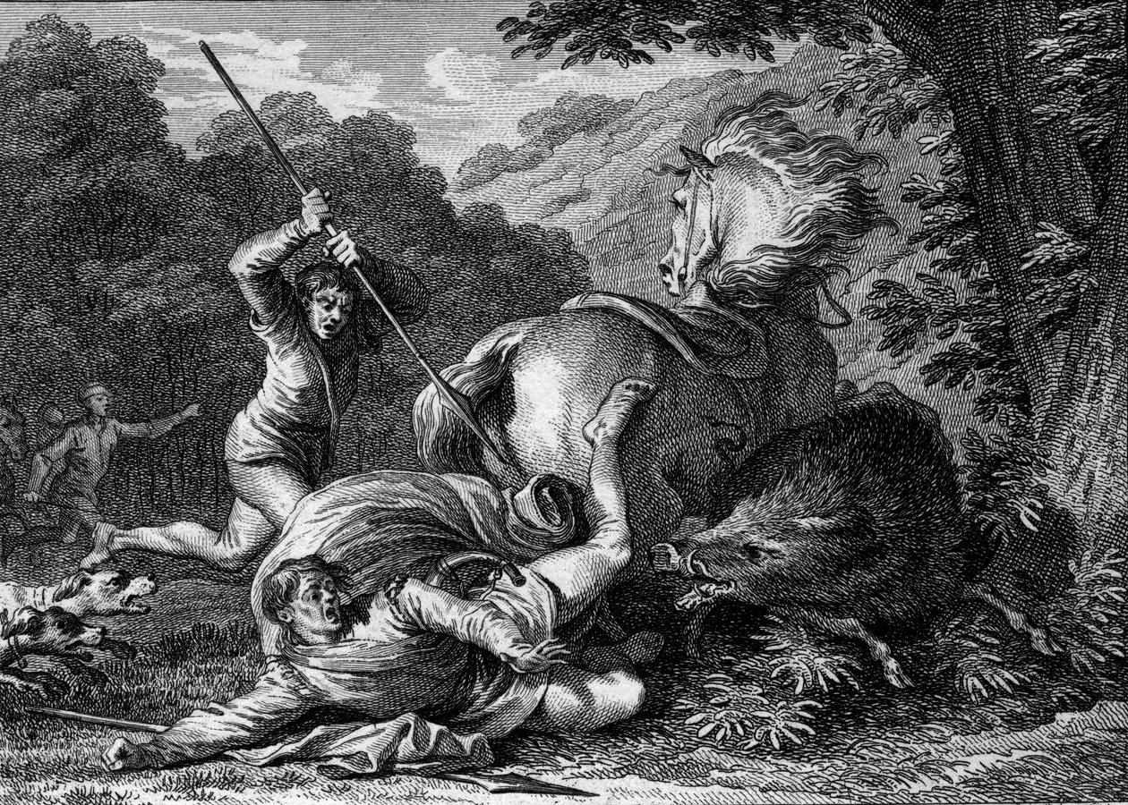 II. Károly (867-884) egy vadászvadászatban halt meg, 884. Egy szolga, aki segíteni akart a királynak egy vaddisznó megtámadásában, véletlenül a combjába löki kémét. Jean Michel Moreau metszete, Moreau le Jeune (1741-1814) alkotó: Jean Michel the Younger Moreau