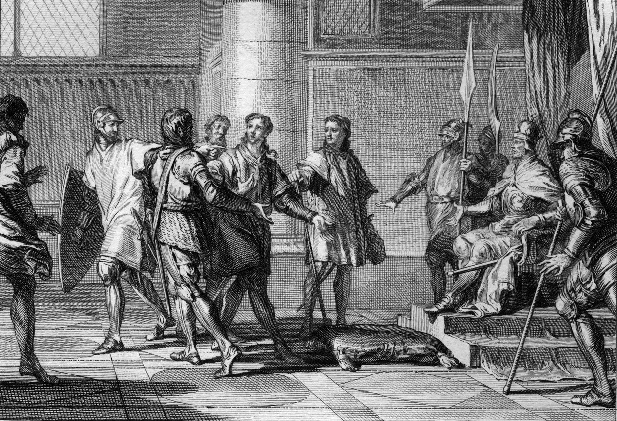 Károly (953-991), Lothaire király testvére II. Otton (Othon) (955-983), a Szent Római Birodalom császára előtt tiszteleg. Ez utóbbi létrehozta Alsó-Lotharingia hercegét (Alsó-Lotharingia) és kinevezte Károly Alsó-Lotharingia hercegét, 977. Metszet alkotó: Jean Michel the Younger Moreau