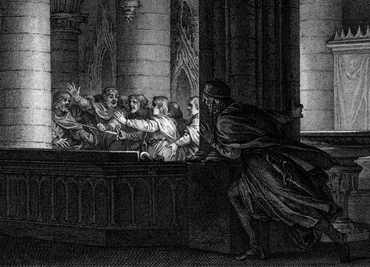 Összeesküvés Nagy Károly ellen, 792: egy lord meglepi a frankok királyának meggyilkolását tervező összeesküvők beszélgetését. Közülük Bossu Pepin (769-811), Nagy Károly fia. Jean Michel Moreau metszete, Moreau le Jeune (1741 alkotó: Jean Michel the Younger Moreau