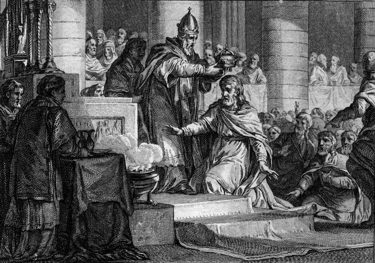 Nagy Károly megkoronázása, 800. december 25.: III. Leon pápa (750-816) a frankok királyát (747-814) a Nyugat császárává avatja a római Szent Péter-templomban. Jean Michel Moreau metszete, Moreau le Jeune (1741-1814) alkotó: Jean Michel the Younger Moreau