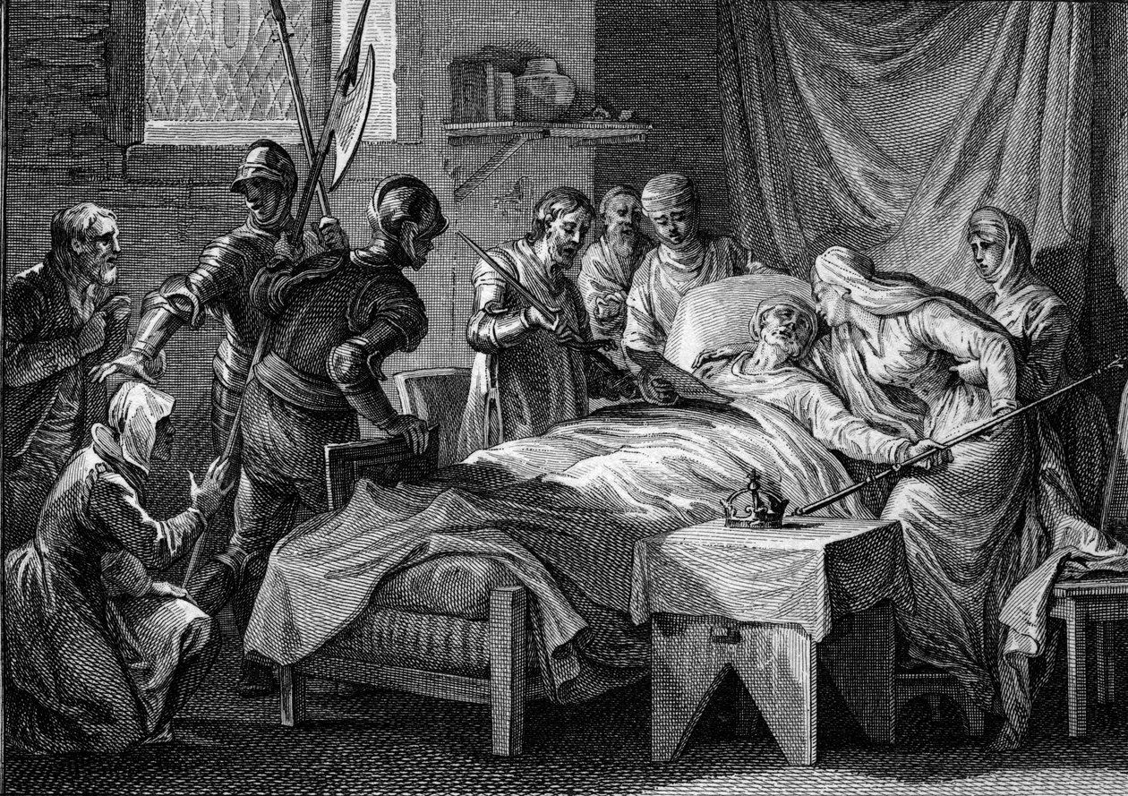 II. Kopasz Károly (823-877) halála és utódlása, 877: a király átadta a császárnőnek a császári koronát, arany jogarát, Szent Péter kardját és a végrendeletet, amellyel fiát, Bége Lajost örökölte. . Metszet: J alkotó: Jean Michel the Younger Moreau