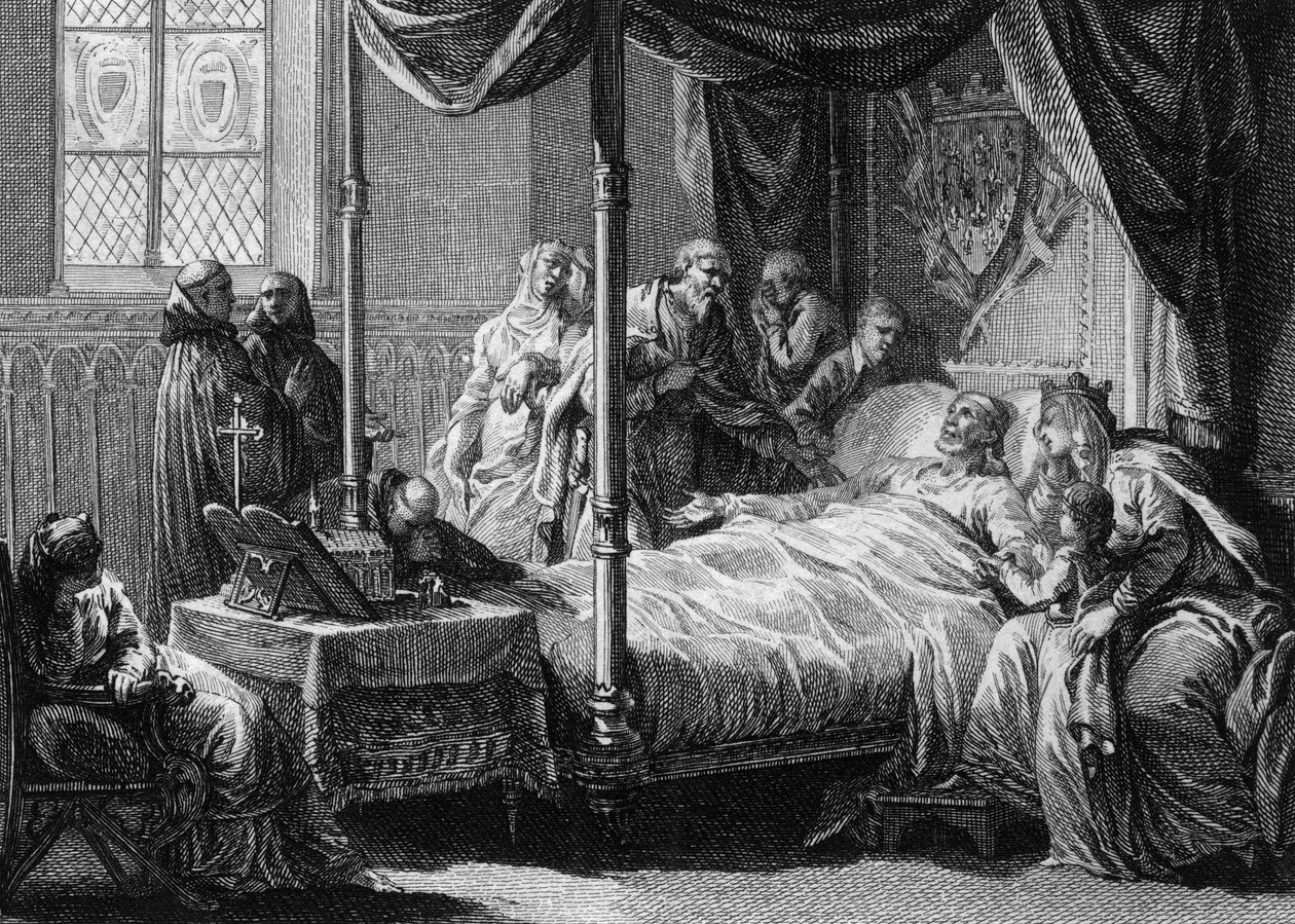 I. Dagobert (602/605-638), a frankok királyának halála felesége, Nantilde királynő (kb. 610-642) és fia, a leendő II. Klovisz (kb. 635-657) jelenlétében. Jean Michel Moreau metszete, Moreau le Jeune (1741-1814) alkotó: Jean Michel the Younger Moreau