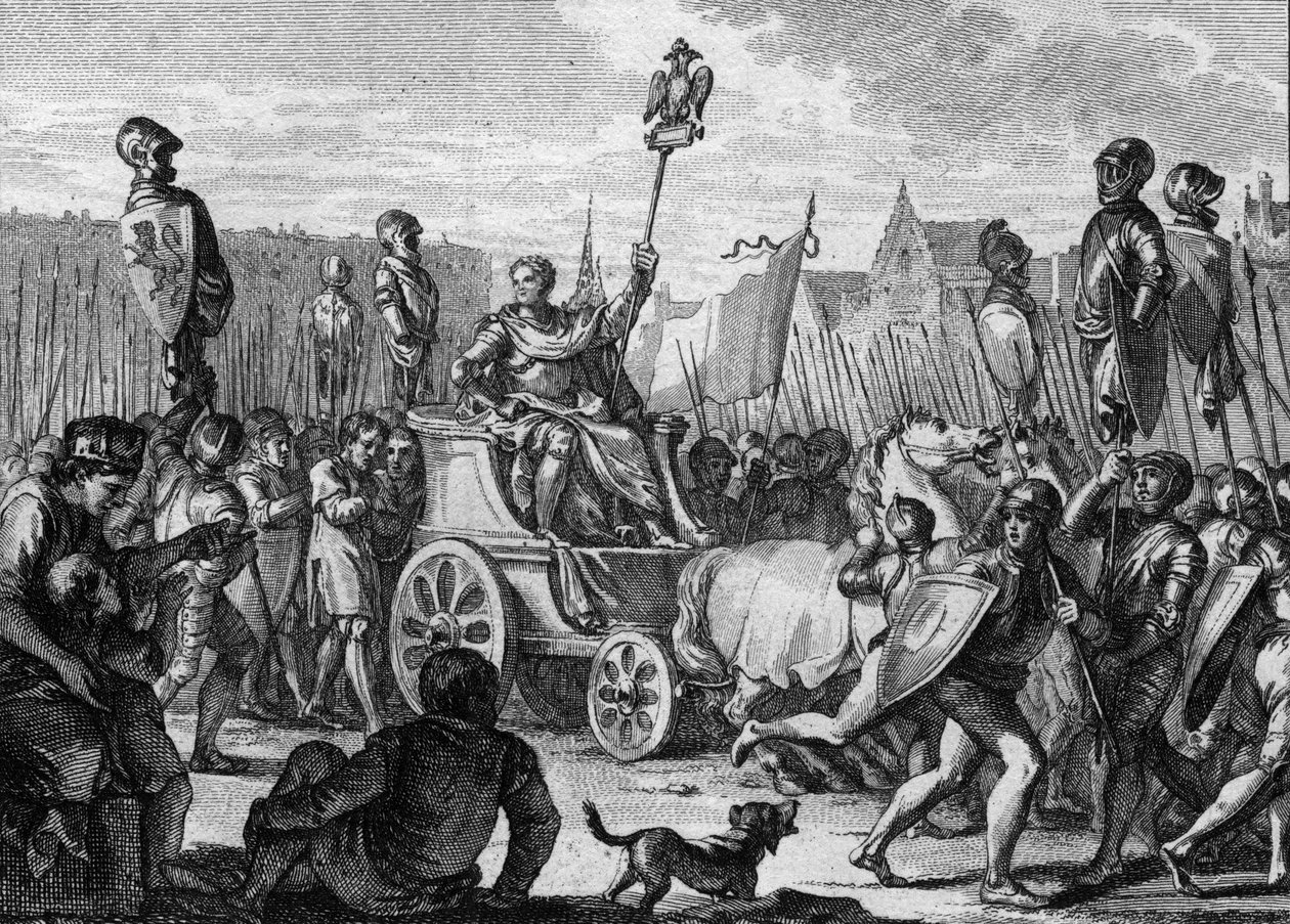 Fülöp II. Auguste (1165-1223) megrontotta Párizs utcáin, miután a francia hadsereg győzelmet aratott IV. Othon flamandjai és Welfjei ellen a bouvines-i csatában alkotó: Jean Michel the Younger Moreau