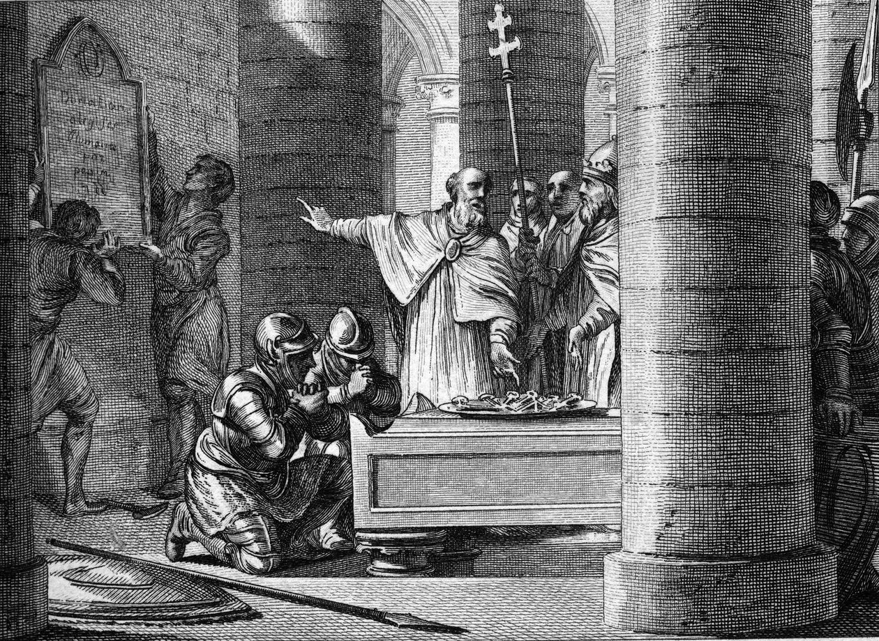 Fulrade (Fulrad), Pepin the Brief nagy káplánja felajánlotta II. István pápának tizenöt, a langobardoktól elvett város kulcsát, amelyek a pápai állam alapját képezik (755). Térden állva Pepin le Brief két fia: Charles és Carloma alkotó: Jean Michel the Younger Moreau