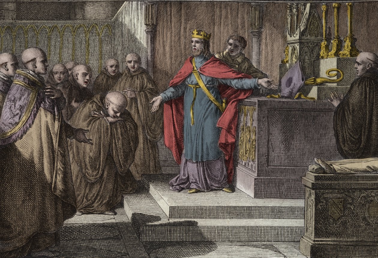 Hugues Capet (941-996) újra beindította a kánoni választásokat: a frankok királya megengedte, hogy a szerzetesek megválasszák apátjaikat úgy, hogy egy oltáron egy keresztet és egy mitrát helyeztek el. Jean Michel Moreau metszete, Moreau le Jeune (1741-1814 alkotó: Jean Michel the Younger Moreau