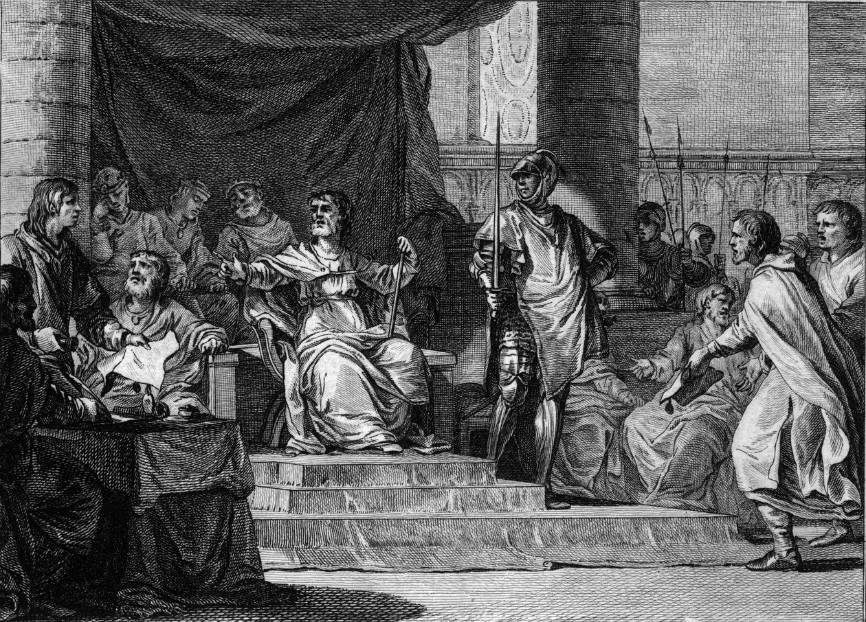 A meroving „lusta királyok” uralkodásának képzeletbeli ábrázolása: III. Clovis (682-695), III. Childebert (683-711) és III. Dagobert (697-715 körül) alszik, és Pepin le Jeune vagy a Herstal-palota polgármestere mögött ül. (653-714 körül). Metszet: Je alkotó: Jean Michel the Younger Moreau