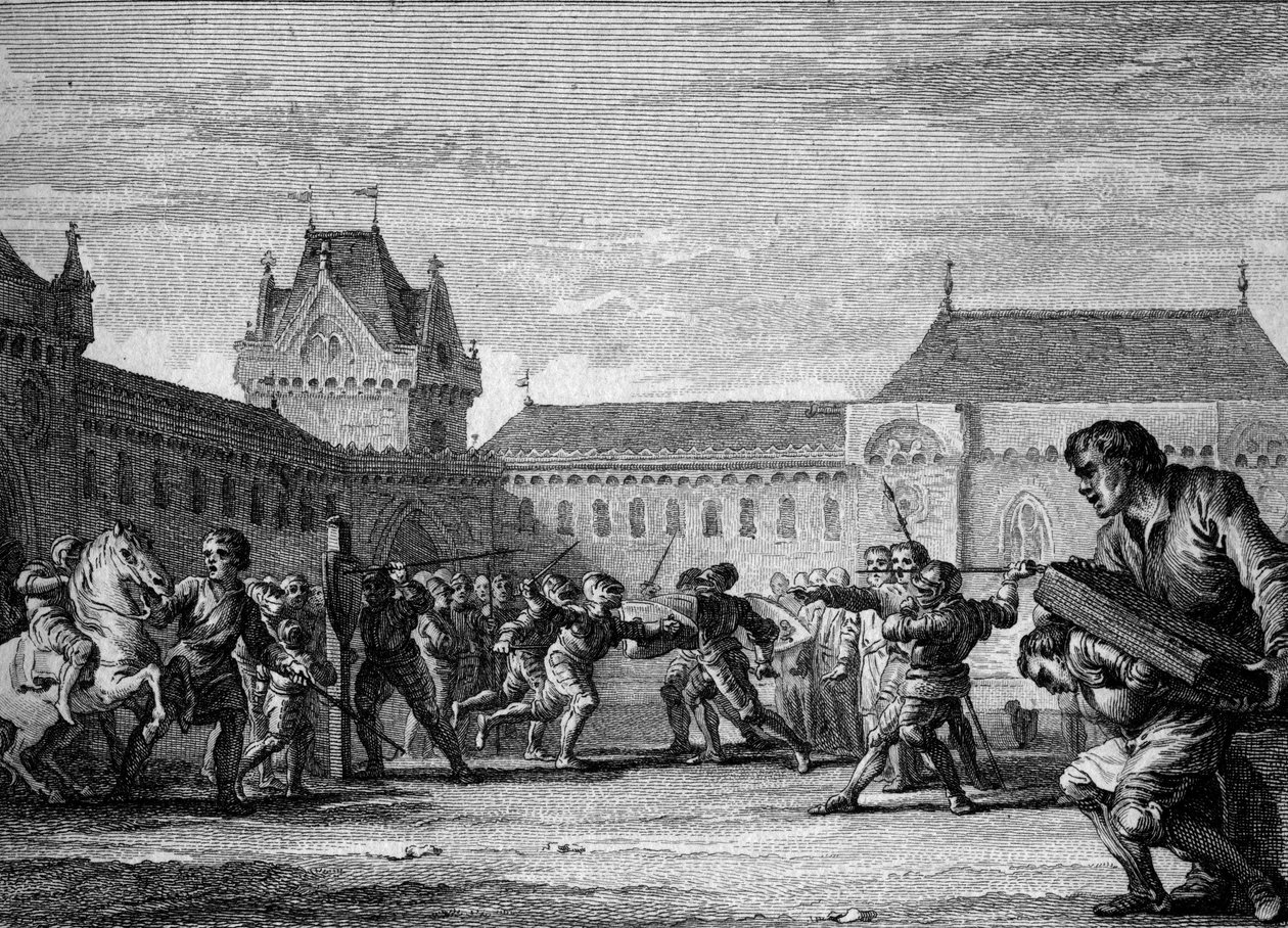 Lapok intézménye: a lapmérleg fizikai és háztartási feladataira vonatkozó képzés kialakítása. Karoling-korszak, Nagy Károly uralkodása, 8-9. század. Jean Michel Moreau metszete, Moreau le Jeune (1741-1814) alkotó: Jean Michel the Younger Moreau