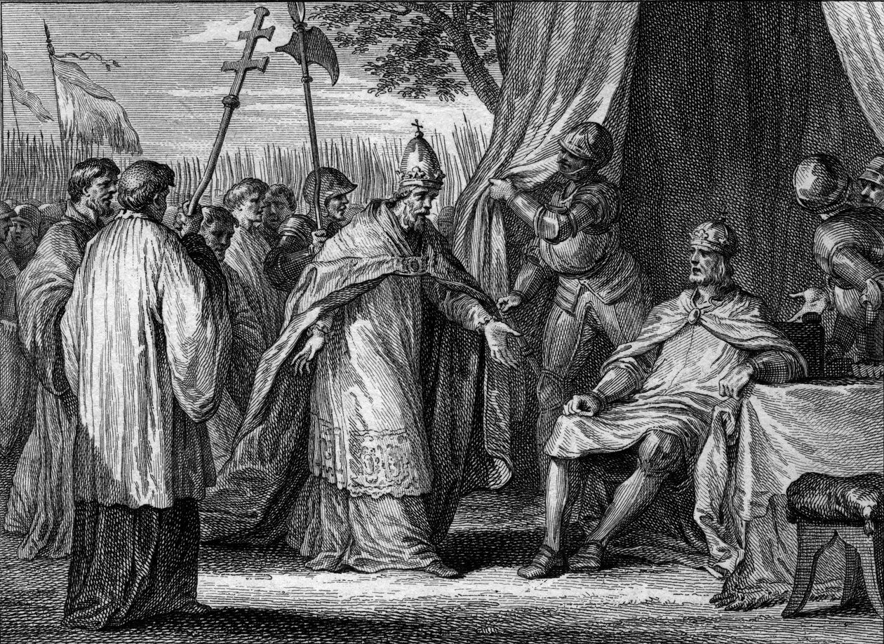 IV. Gergely pápa (meghalt 844-ben) és I. Lajos Jámbor vagy Debonnaire (778-840) interjúja 833-ban, a király és fiai, Lothaire, Pepin és Lajos közötti vita rendezése érdekében. Jean Michel Moreau metszete, dit Moreau le Jeune (1741-18 alkotó: Jean Michel the Younger Moreau