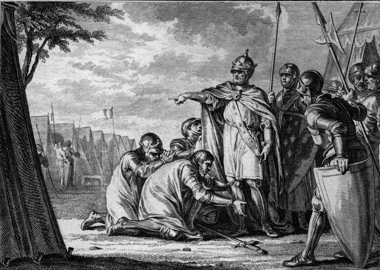 I. Lajos jámbor vagy Debonnaire (778-840) megbocsát fiának, Lothaire-nek (795-855), aki leborul a lábára. 834. Jean Michel Moreau metszete, Moreau le Jeune (1741-1814) alkotó: Jean Michel the Younger Moreau