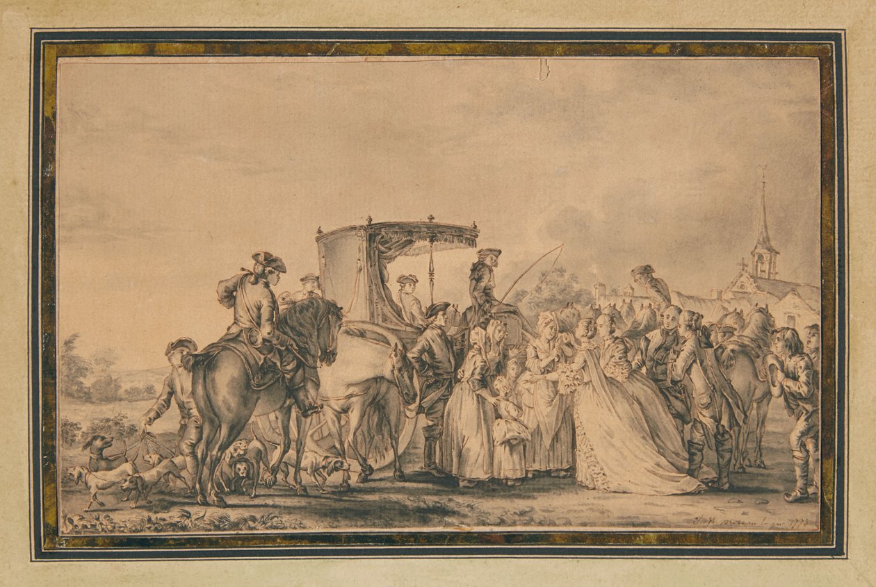 Marie Antoinette, aki kiszáll a hintójából, körülvéve a kortezsével, vigasztal egy parasztot, 1773 alkotó: Jean Michel the Younger Moreau