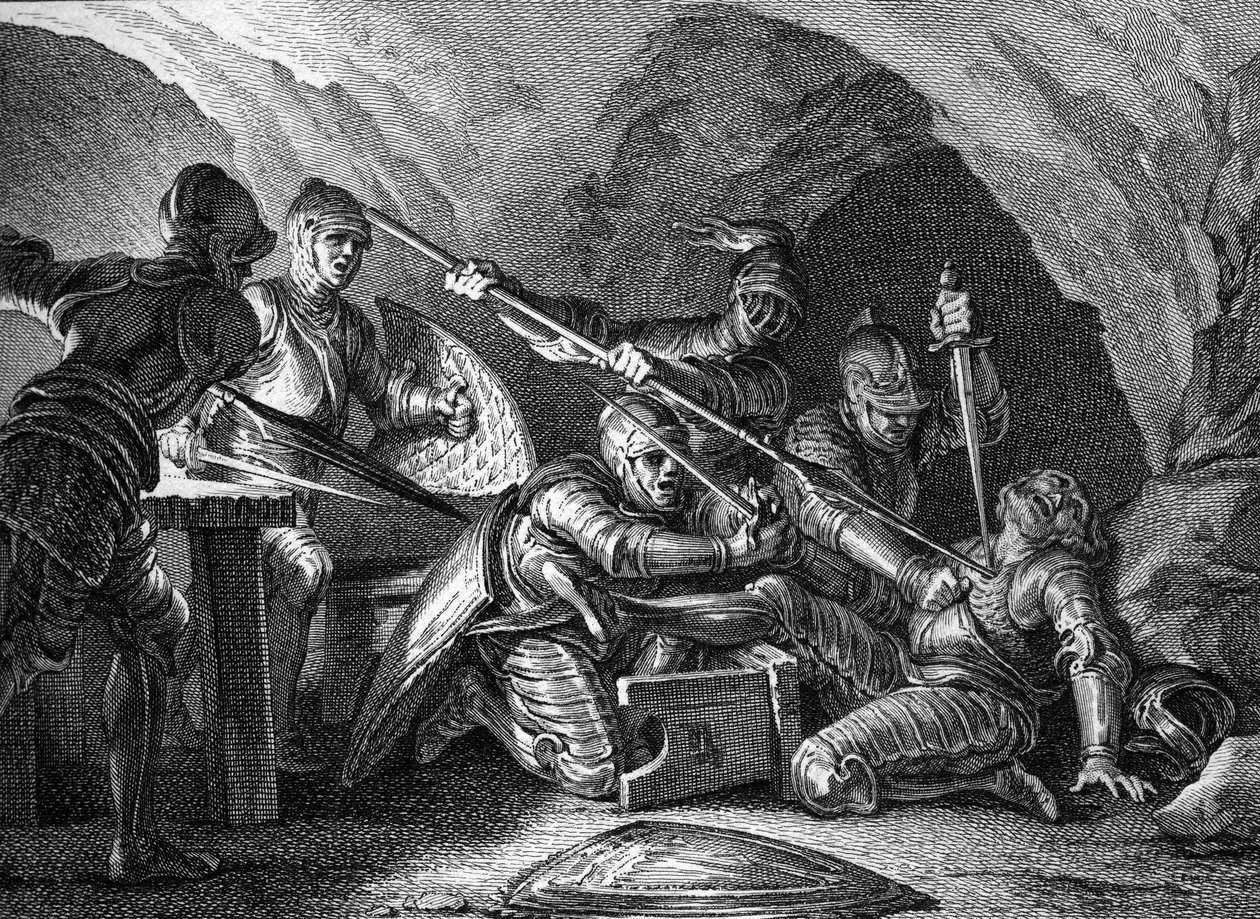 Az Aquitániai Hercegség találkozója a koronával: Waifre (vagy Gaifier), Aquitánia hercegének meggyilkolása (767 vagy 768). Romanet metszete Moreau le jeune (1779) nyomán. alkotó: Jean Michel the Younger Moreau