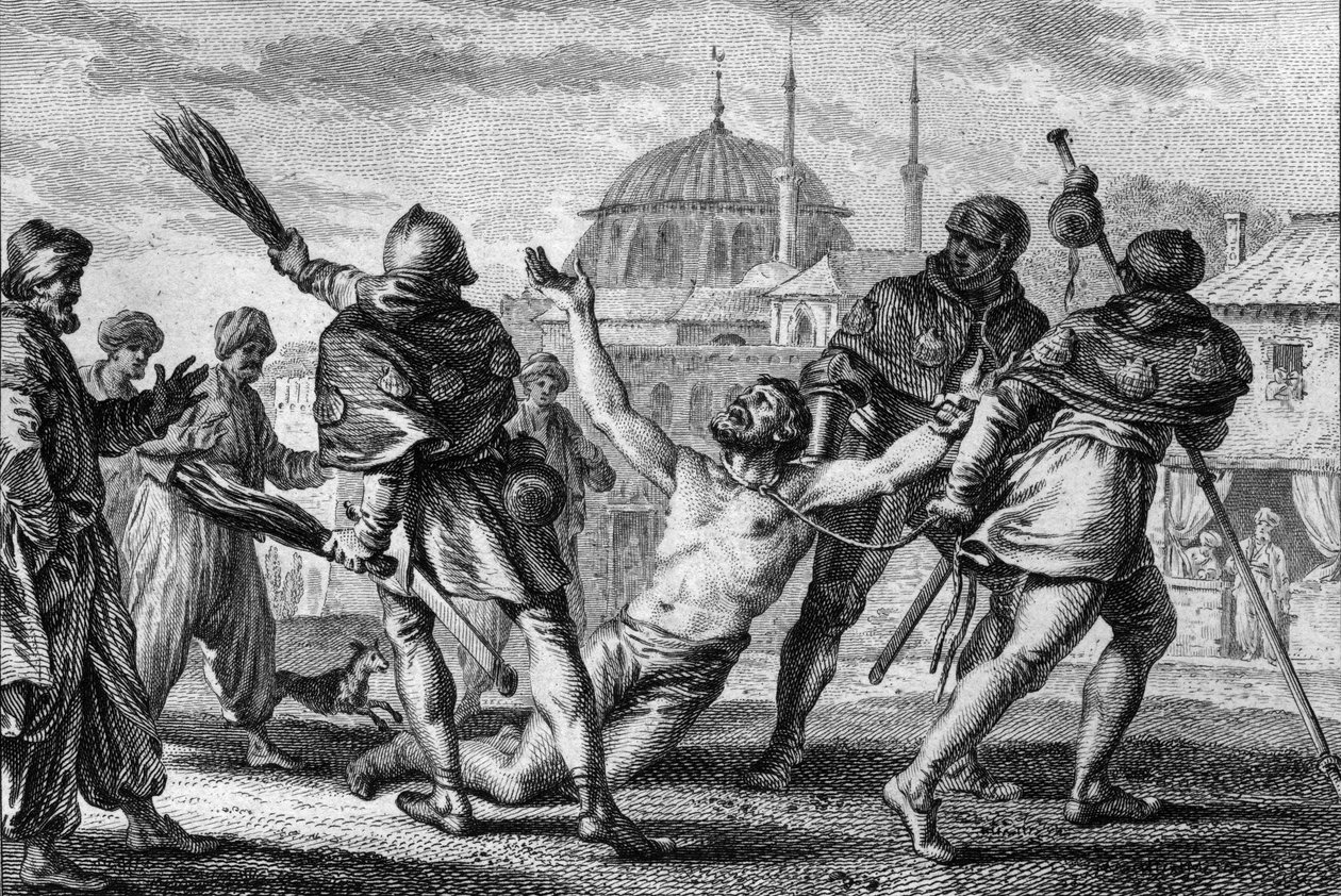 Nerra szárcsa (972/987-1040), Anjou grófja, zarándoklat Jeruzsálemben. Meztelenül, kötéllel a nyakába húzzák a város utcáin, miközben az egyik zsellére yardokkal ostorozza, és Isten kegyelmét kéri. 11. század. Jean Mich metszete alkotó: Jean Michel the Younger Moreau