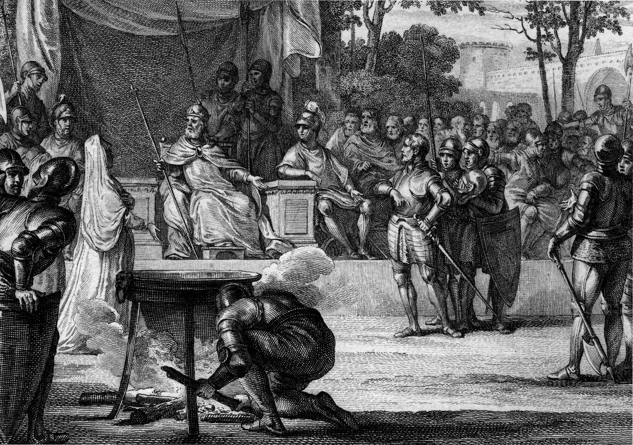Ordálok vagy „Isten ítéletei”, 831: I. Lajos jámbor vagy Debonnaire (778-840), Judith Welf (805-843), felesége és Septimániai Bernard (körülbelül 800-844) felé árulással vádolják, a királyság kamarása, próbálja meg bizonyítani ártatlanságukat a alkotó: Jean Michel the Younger Moreau