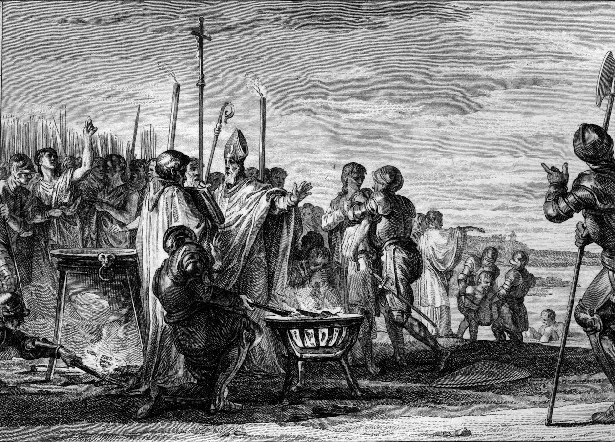 Ordáliák vagy „Isten ítéletei”, 877: Germania Lajos képviselői, akik II. Lajosnak, Kopasznak a lotharingiai királyság felét követelték, beleegyeztek, hogy alávetik magukat a forró vas, a forró víz és a hideg víz próbáinak. Jean Michel Mor metszete alkotó: Jean Michel the Younger Moreau