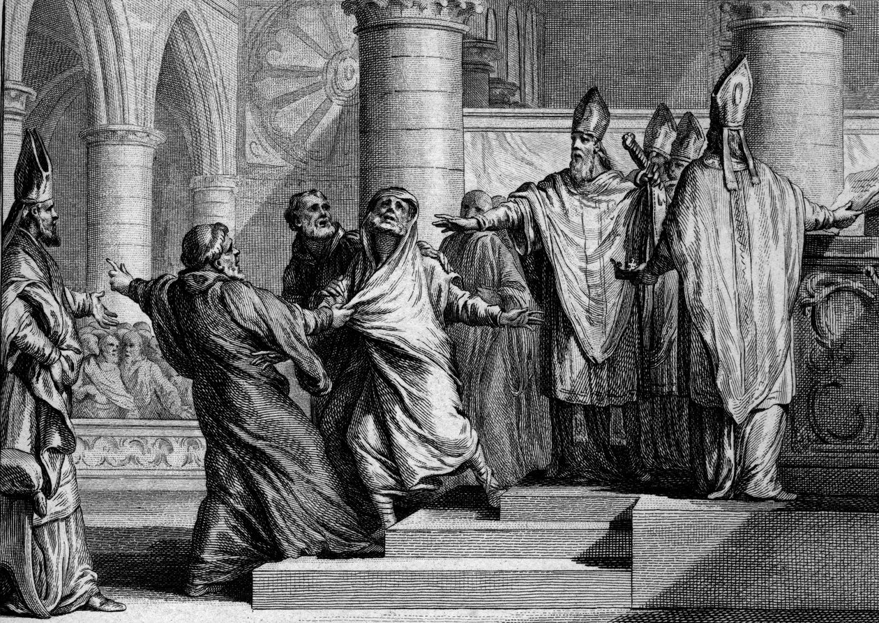 I. Jámbor Lajos vagy Debonnaire (778-840) bűnbánata és letétele, 833: gyónása után a királyt a Reims-i Archeveque megfosztja a császári díszektől, majd letakarja egy bűnbánó zsákkal. Jean Michel Moreau metszete, a Moreau le Jeu alkotó: Jean Michel the Younger Moreau