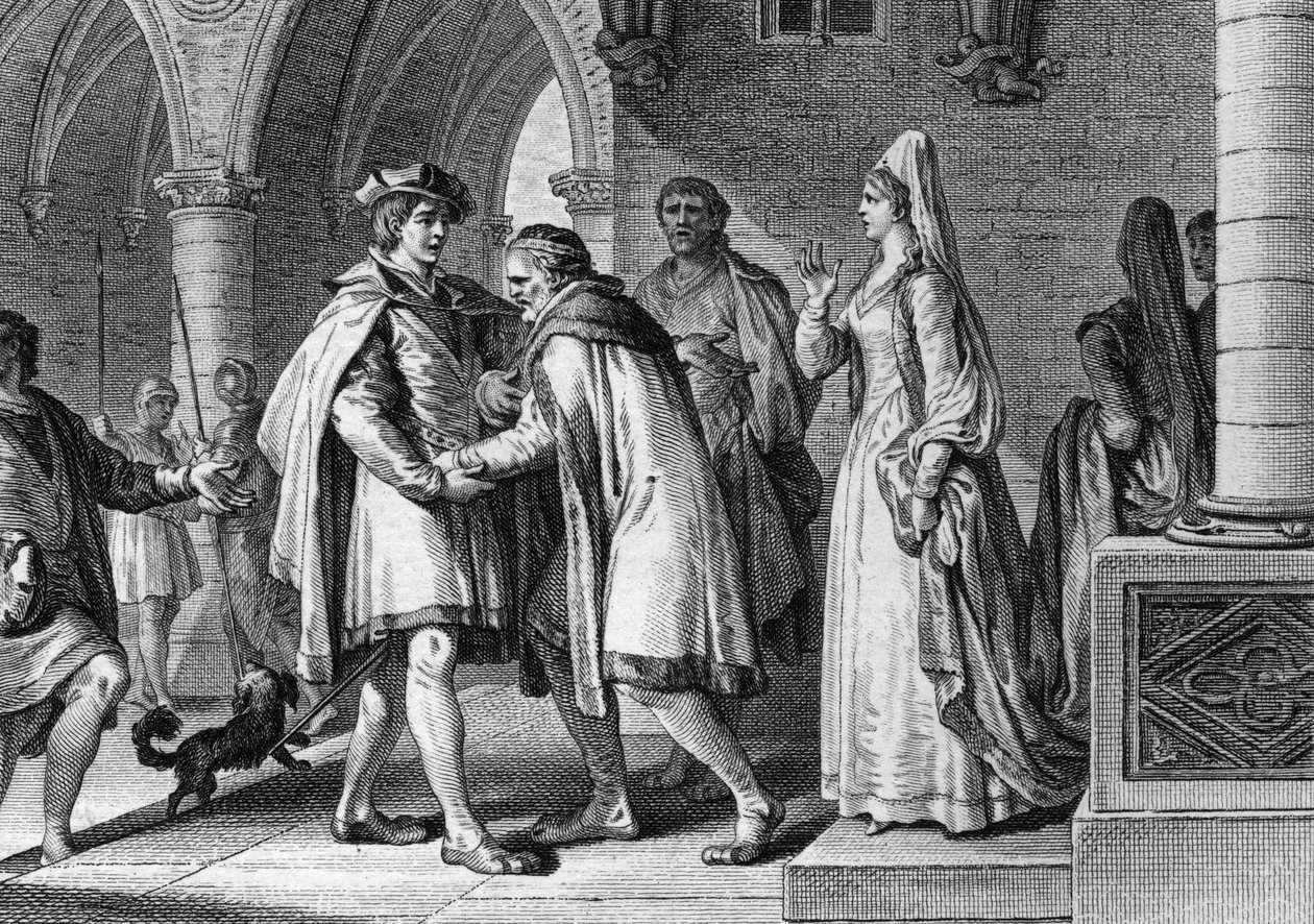I. Fülöp (1052-1108), a frankok királya, Anjou grófja, Foulques le Rechin (1042-1109) udvarába látogat. Ez az utazás ürügy arra, hogy megszervezzék házasságát Bertrade de Montforttal (1070-1118 körül), gróf feleségével. 1095. Jean Mich metszete alkotó: Jean Michel the Younger Moreau