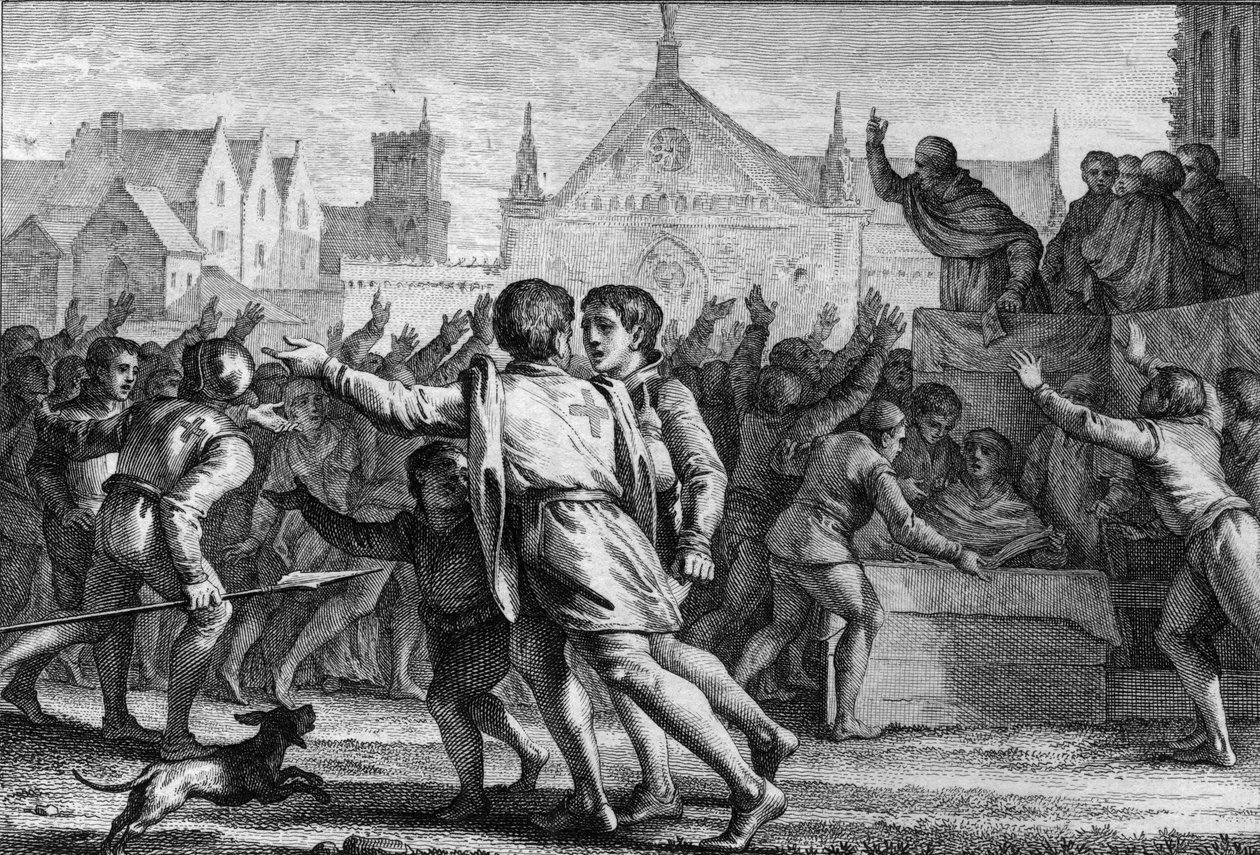 II. Urbán pápa (1042-1099) a Clermont-i Zsinatban összezavarta a tömeget, hogy bátorítsa a lakosságot az első keresztes hadjáratban való részvételre és a metszetek jelképének, a vörös vászonkereszt átvételére. alkotó: Jean Michel the Younger Moreau