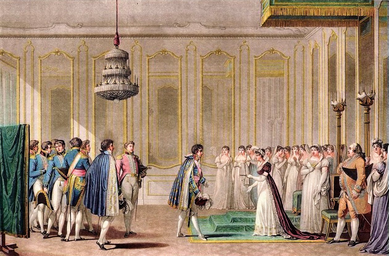 Napóleon meghatalmazott házassági ajánlatát Neufchatel hercege (Louis-Alexandre Berthier) nyújtotta be Osztrák császárnőnek - Jean-Michel Moreau le jeune után metszet - Lakásának egyik szobájában az osztrák Imperatrice Marie Louise (Marie-Louise) (1791-) 1 alkotó: Jean Michel the Younger Moreau