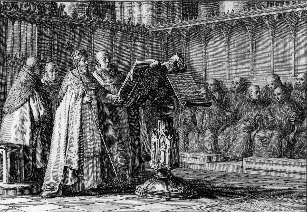 Jámbor Róbert (970-1031), a frankok királya, énekel egy istentiszteleten a pult előtt. Koronáját hordja és jogarát tartja. Jean Michel Moreau metszete, Moreau le Jeune (1741-1814) alkotó: Jean Michel the Younger Moreau