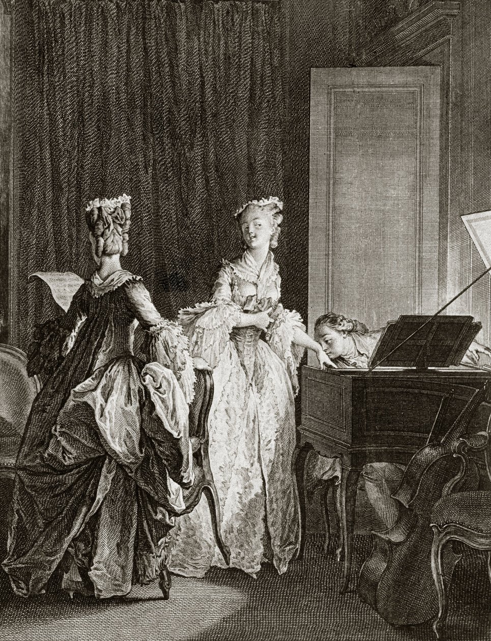 Saint Preux és Claire csembalónál Jean Jacques (Jean-Jacques) Rousseau (1712-1778) svájci filozófus „Julie ou la nouvelle Heloise” című művében - Moreau le jeune, Jean Michel metszete (1741-1814) -Preux, letelepszik a csembalóra, puszi alkotó: Jean Michel the Younger Moreau