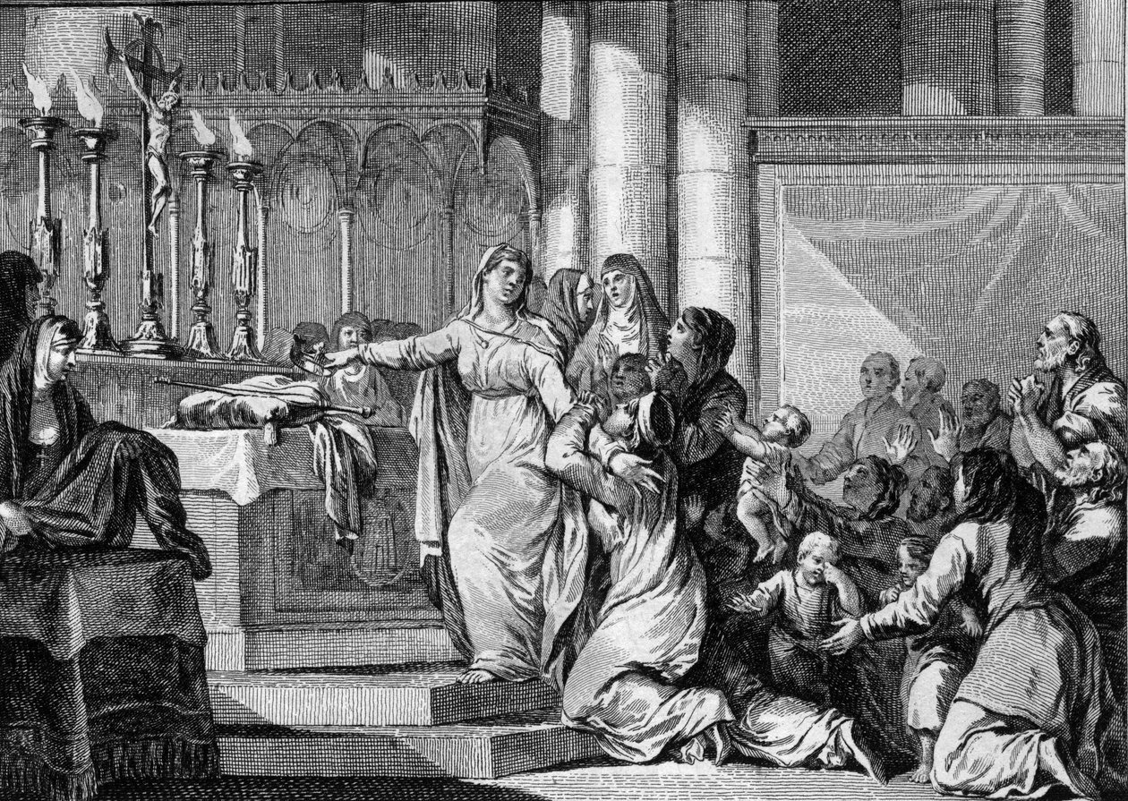 Sainte Bathilde (vagy Batilde, Bathylle, Beaudour) (626-680), a frankok királynője és II. Clovis özvegye 665-ben úgy döntött, hogy lerántja a fátylat a Chelles-i kolostorban. Az alattvalói megpróbálják megállítani. Jean Michel Moreau metszete, dit Moreau l alkotó: Jean Michel the Younger Moreau