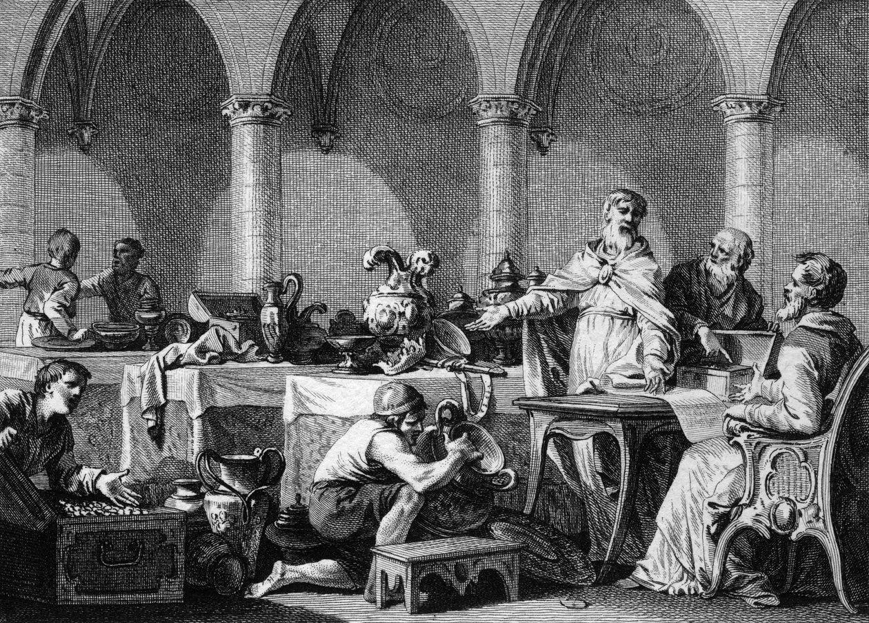 I. Dagobert (602/605-638), a frank király trezorainak megosztása halála után, a landeni és aegai Pepin-palota két polgármesterének irányítása alatt. Jean Michel Moreau metszete, Moreau le Jeune (1741-1814) alkotó: Jean Michel the Younger Moreau