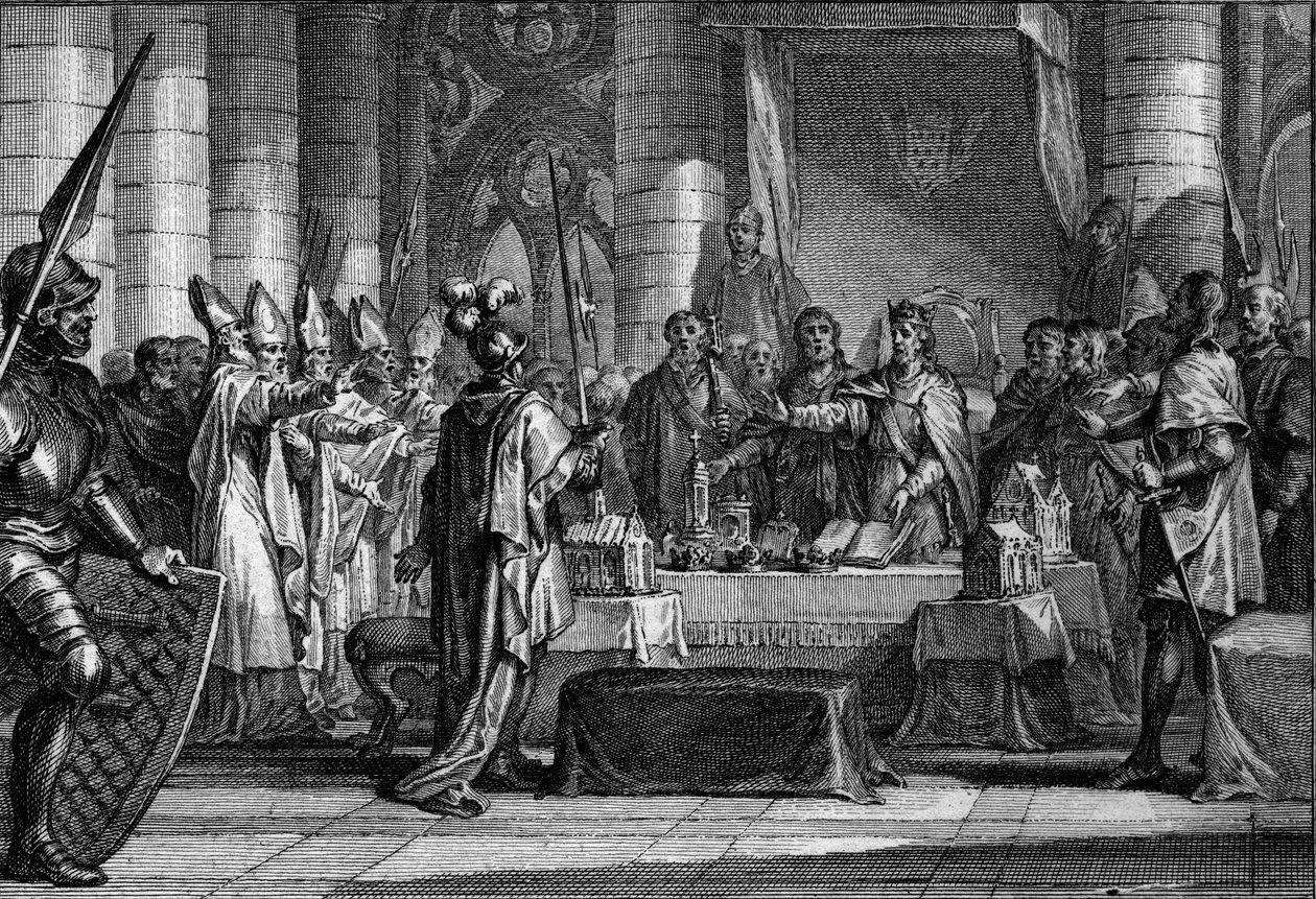 I. Lajos utódlása jámbor vagy debonnaire, 816: a Nyugat császára (778-840) a három korona előtt, amely birodalmának három királyságra való felosztását jelképezi, és mindegyik visszatér valamelyik fiához (Lothaire, Pepin, Louis) . Metszet: Jean Mi alkotó: Jean Michel the Younger Moreau