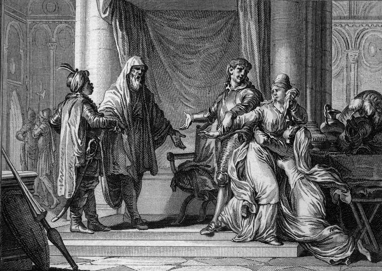 Aquitánia hercegnőjét, Lampagie-t apja (Eudes) erőszakkal feleségül vette Munuza mór kapitányhoz (Uthman ibn Naissa), hogy békét teremtsen a szaracénokkal, 730. Jean Michel Moreau metsze, dit Moreau le Jeune (1741-1814) ) alkotó: Jean Michel the Younger Moreau