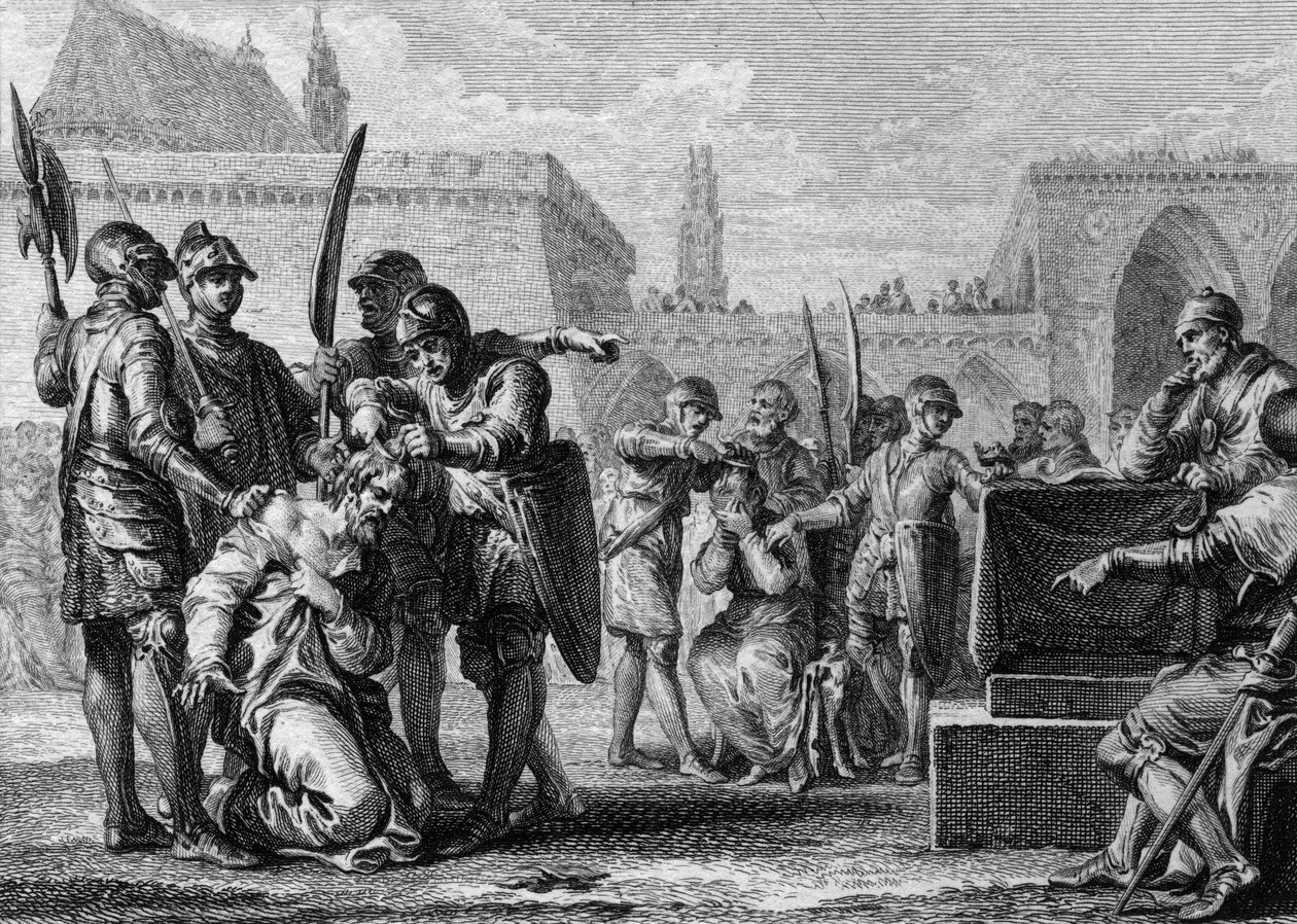 III. Thierryt (651-691), a frankok királyát és Ebroint (meghalt 681-ben), a Neustria-palota polgármesterét kaszálta a lakosság, ellenségesen viszonyulva a két férfihoz. 669. Jean Michel Moreau metszete, Moreau le Jeune (1741-1814) alkotó: Jean Michel the Younger Moreau
