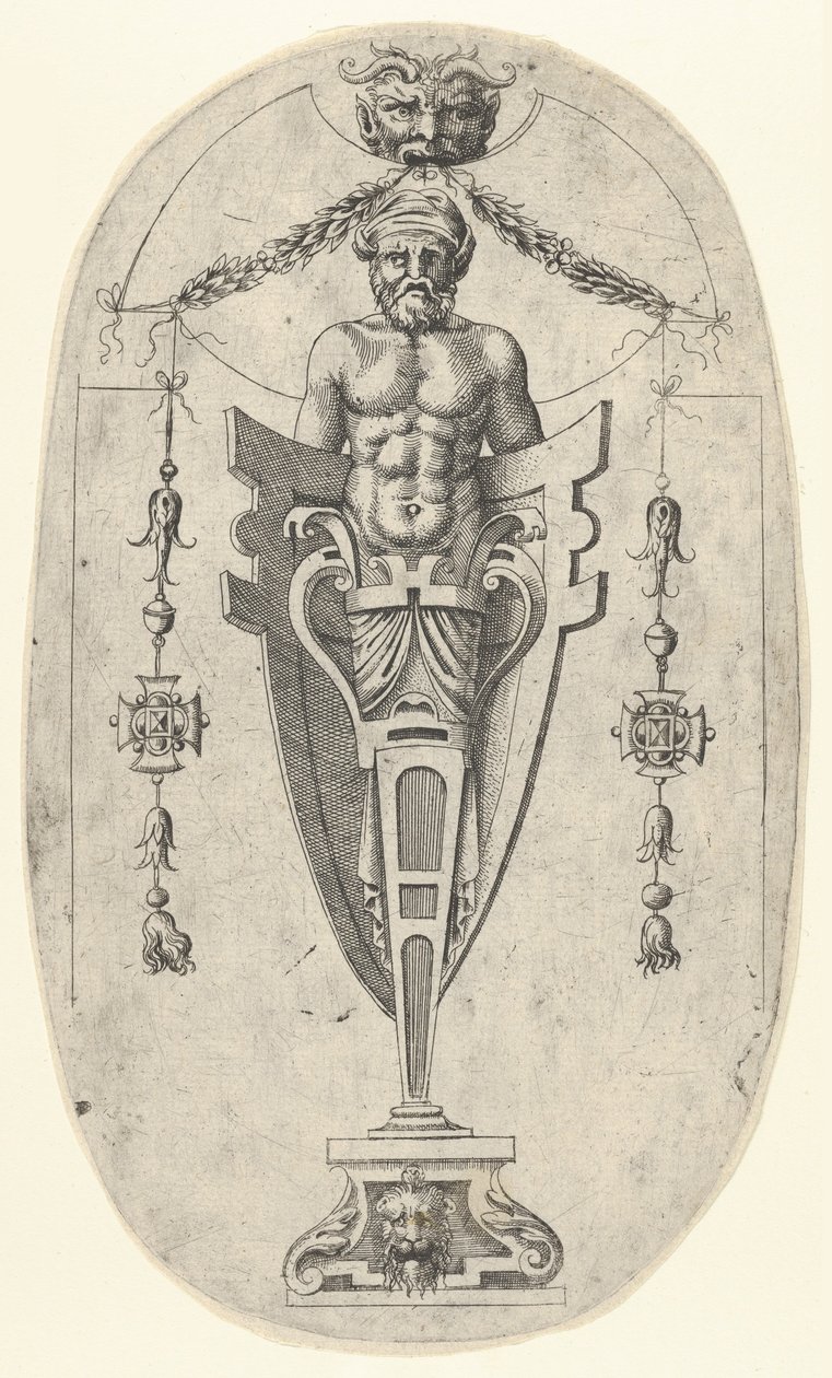 Férfi végfigura, törzs szakállal és turbánnal félhosszú talapzaton, bezárva ..., kb. 1543. alkotó: Jean Mignon