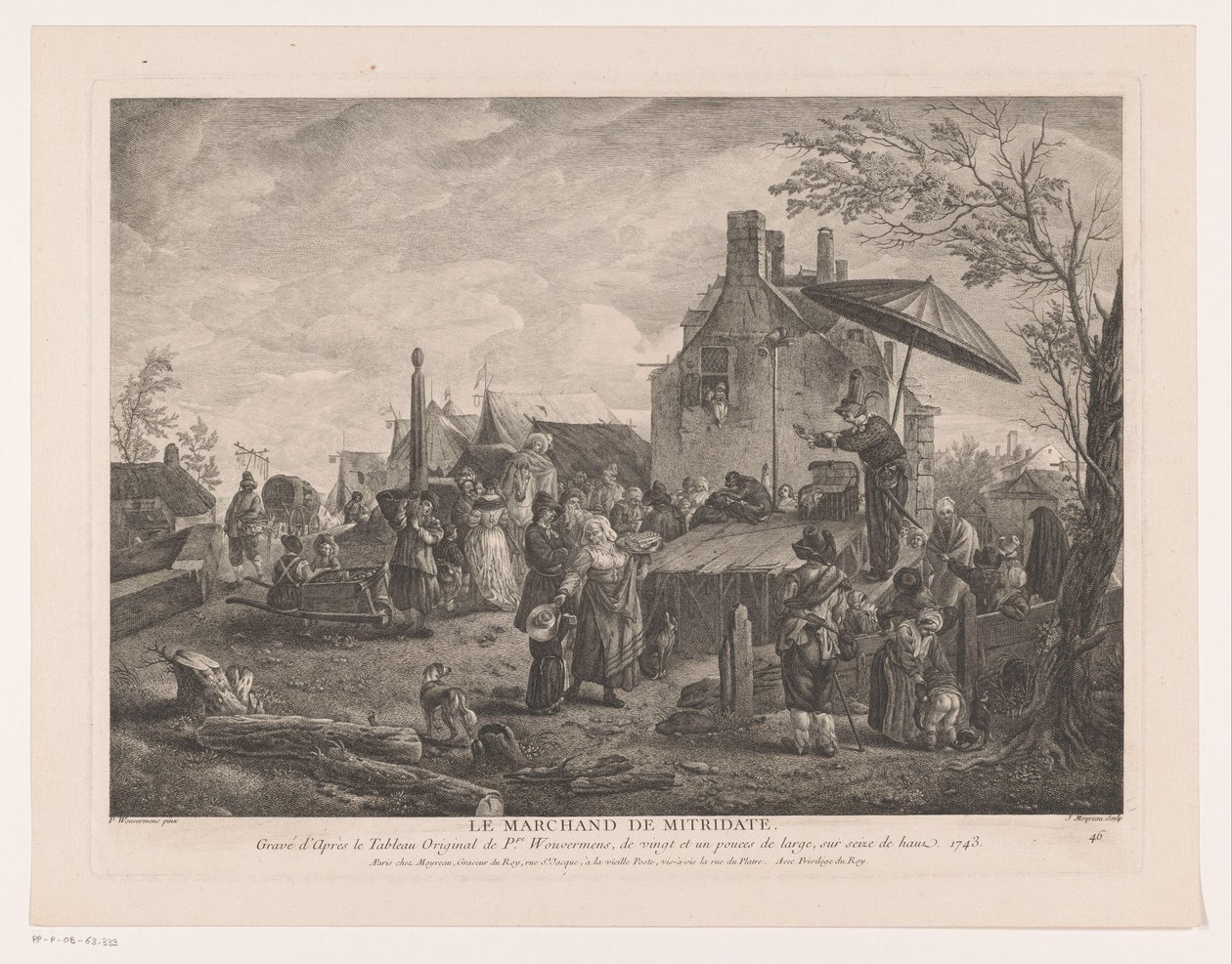 falusi színház Le Marchand de Mitridate (cím a tárgyon) Nyomatok Philips Wouwerman festményei után (sorozat címe) Wouwermans Hollandois Ph.pe életművei (sorozat címe) alkotó: Jean Moyreau