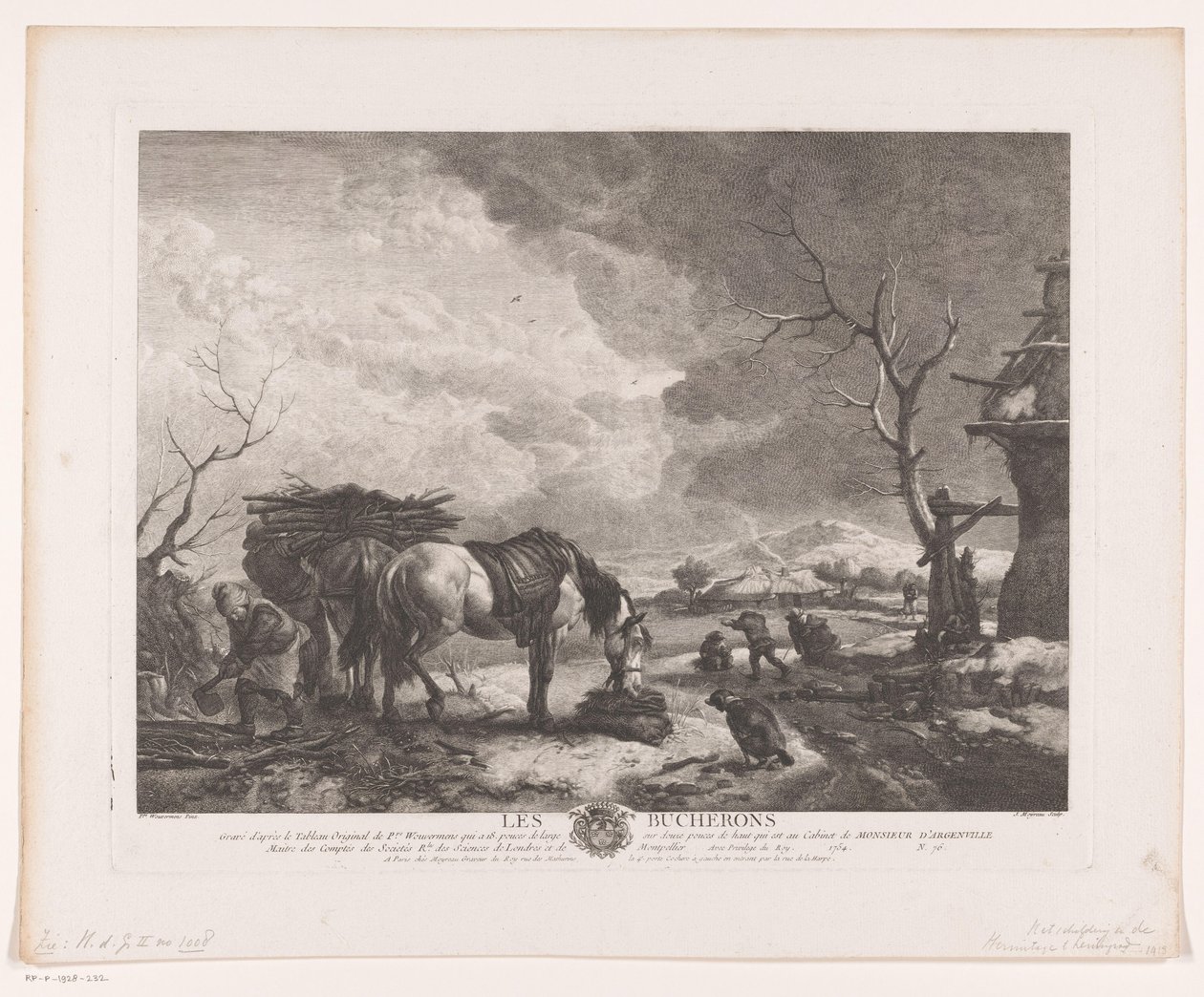 Favágók a téli tájon Les Bucherons (cím a tárgyon) Nyomatok Philips Wouwerman festményei után (sorozat címe) Ph.pe Wouwermans Hollandois művei (sorozat címe) alkotó: Jean Moyreau