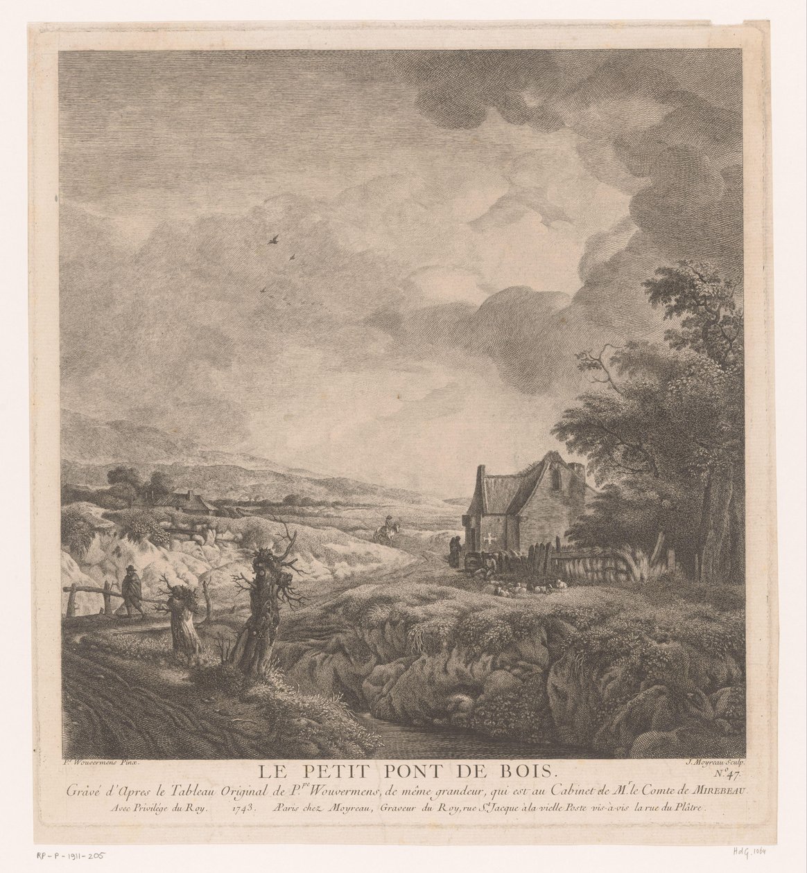 Táj egy házzal egy hídon átívelő ösvény mentén Le petit pont de bois (cím a tárgyon) Nyomatok Philips Wouwerman festményei után (sorozat címe) Ph.pe Wouwermans Hollandois életművei (sorozat címe) alkotó: Jean Moyreau