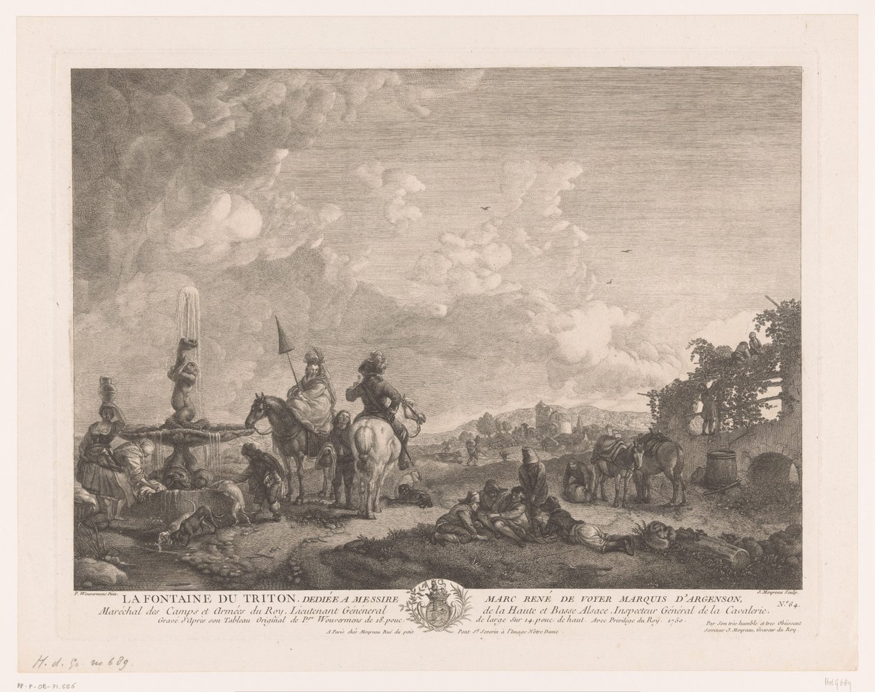 Táj figurákkal egy szökőkút mellett La Fontaine du Triton (cím a tárgyon) Nyomatok Philips Wouwerman festményei után (sorozat címe) Ph.pe Wouwermans Hollandois művei (sorozat címe) alkotó: Jean Moyreau